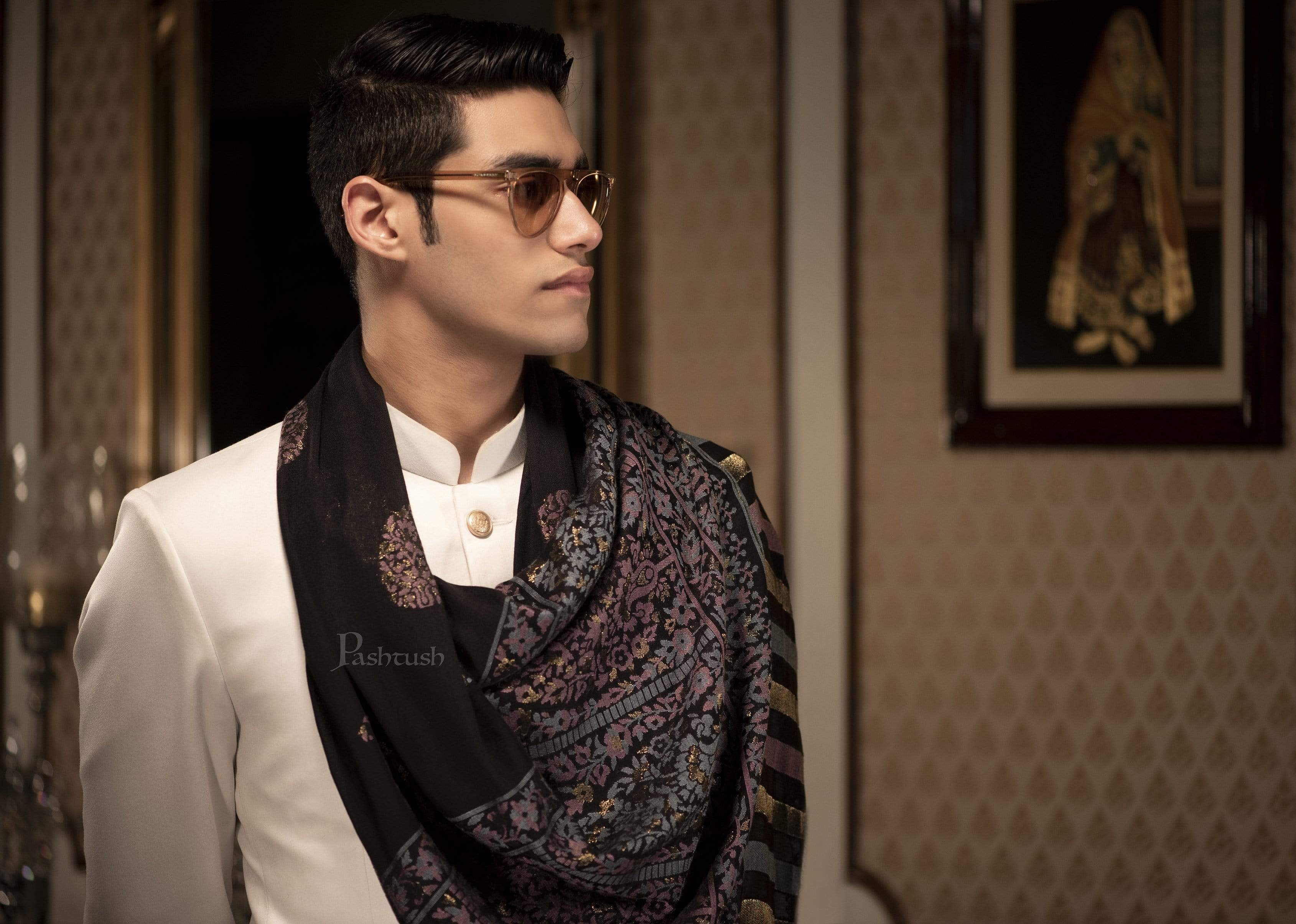 Pashtush Mens Paisley Design, Soft Bamboo Scarf, Golden Zari Thread Weave - Image 3