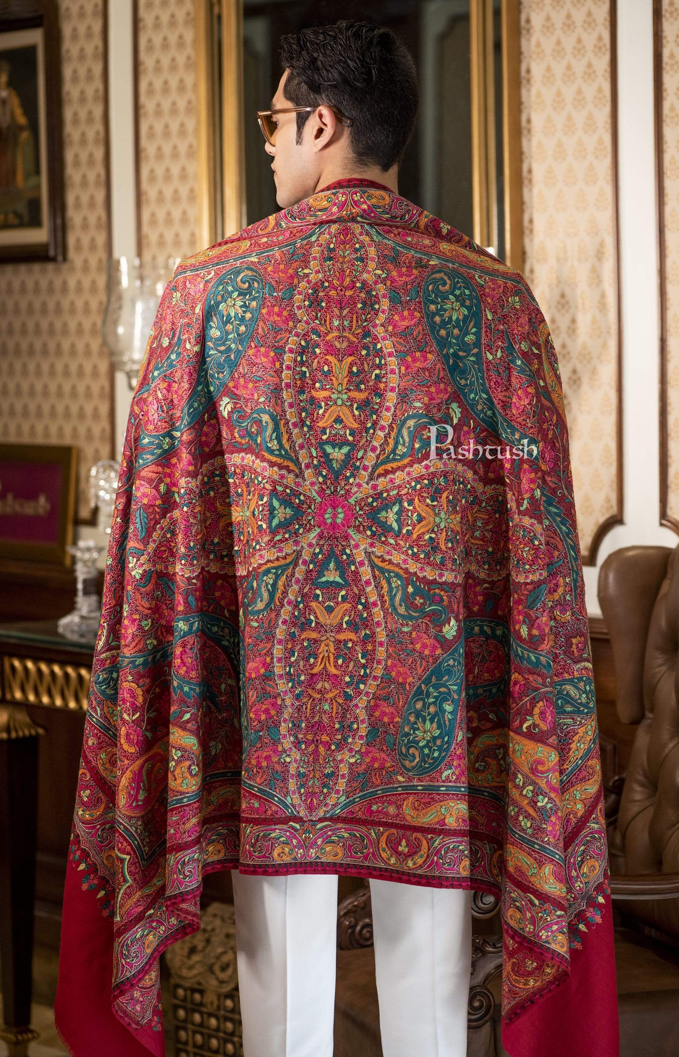 Pashtush Mens Papier Mache Embroidered Jamawar Stole, Fine Wool, Soft And Warm - Image 2