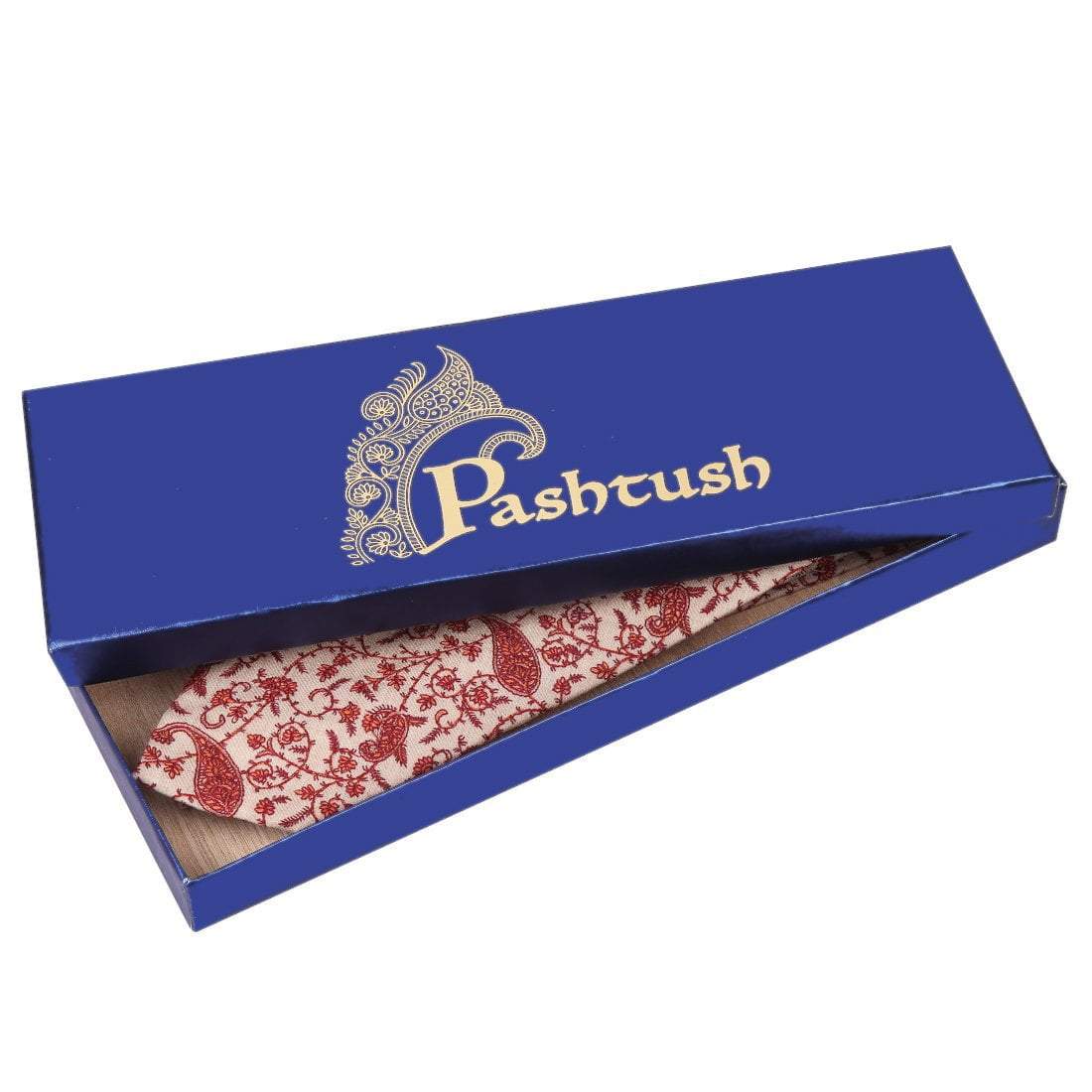 Pashtush Mens Embroidered Necktie, Wool, Paisley Design, Beige - Image 5