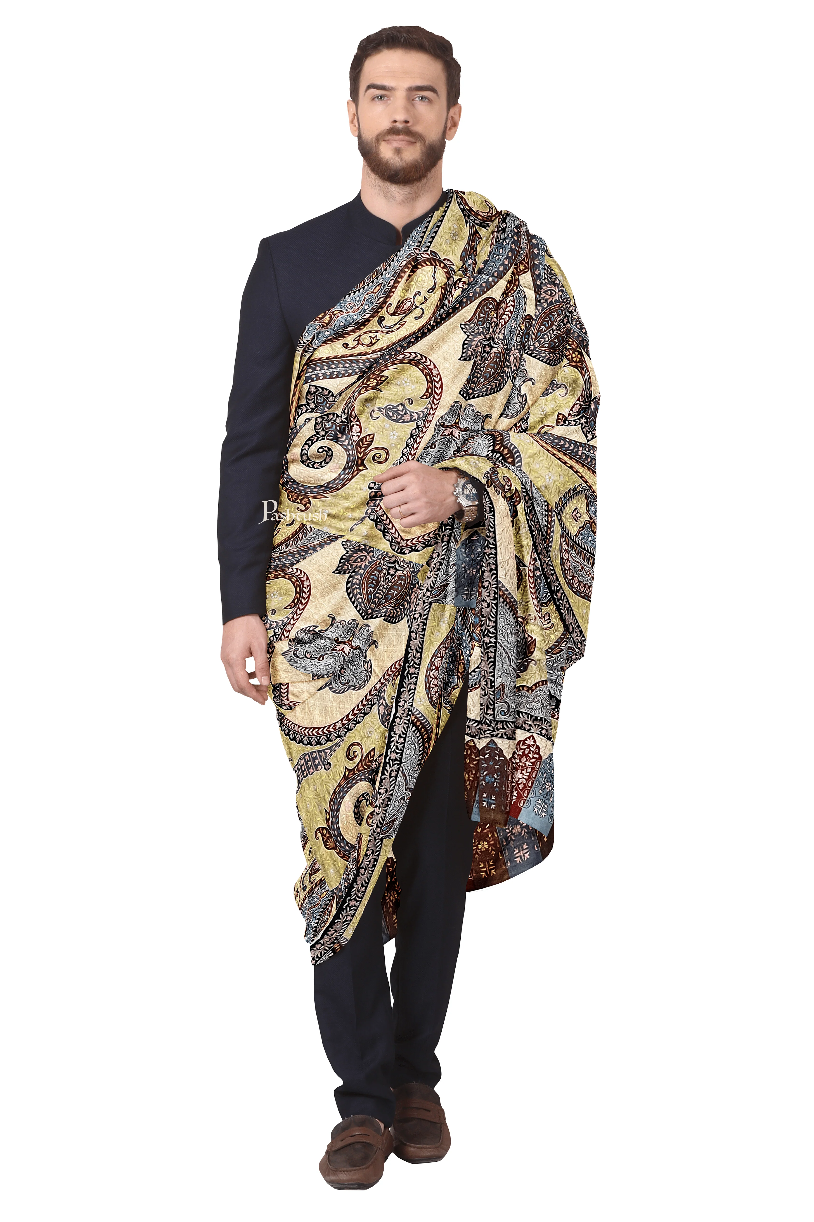 Pashtush Mens Pashmina Kalamkari Shawl: Handwoven, Hand Painted, and Hand Embroidered, Multicolour