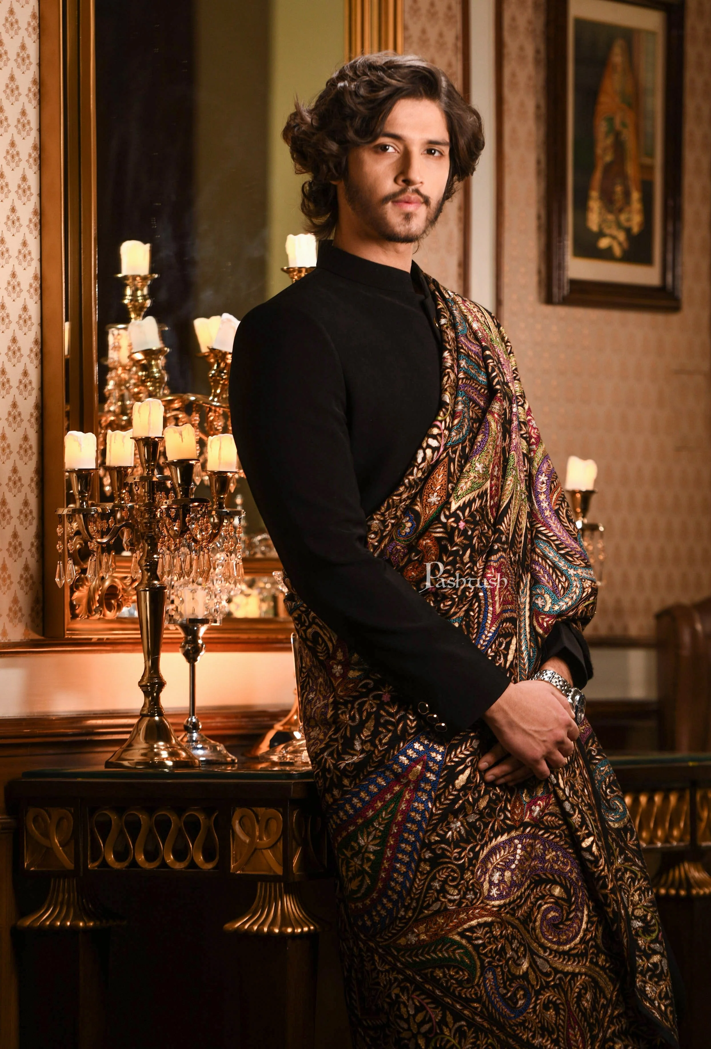 Pashtush Men's Pashmina Shawl, Kashmiri Tilla Work, Handloom, Medium Size - Image 4