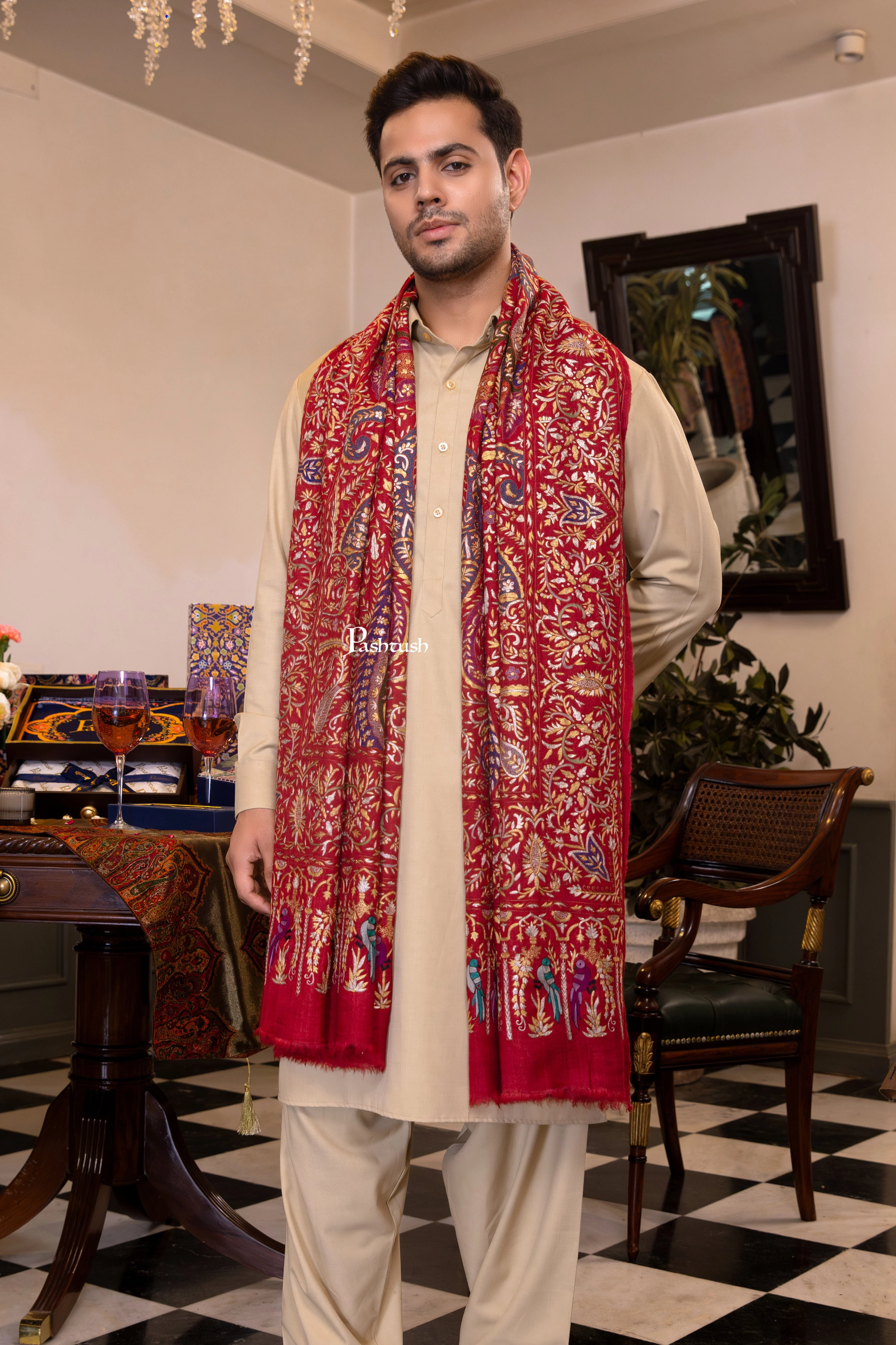 Pashtush Men's Pashmina Stole, Kashmiri Tilla Work, Handloom, Maroon