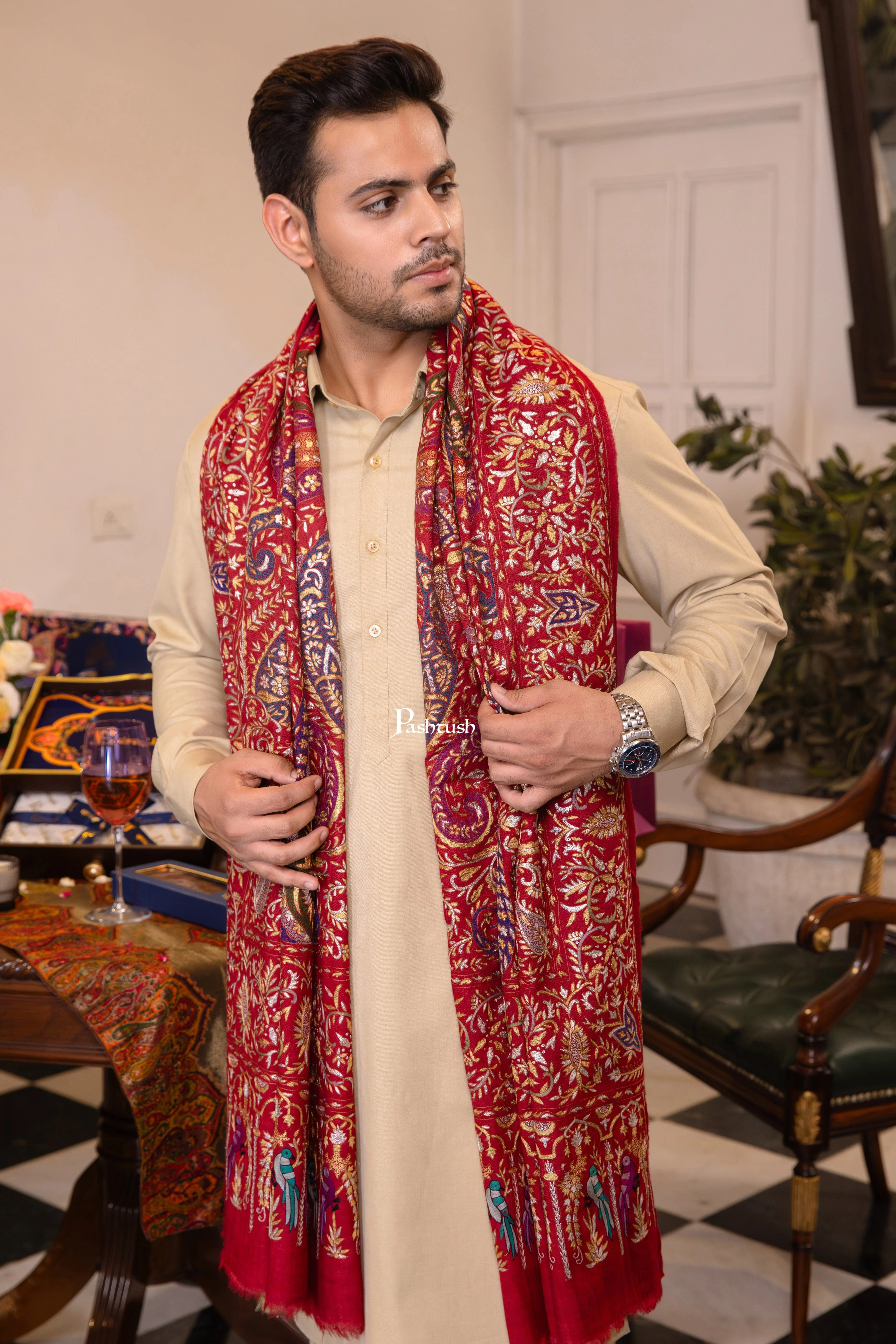 Pashtush Men's Pashmina Stole, Kashmiri Tilla Work, Handloom, Maroon - Image 3