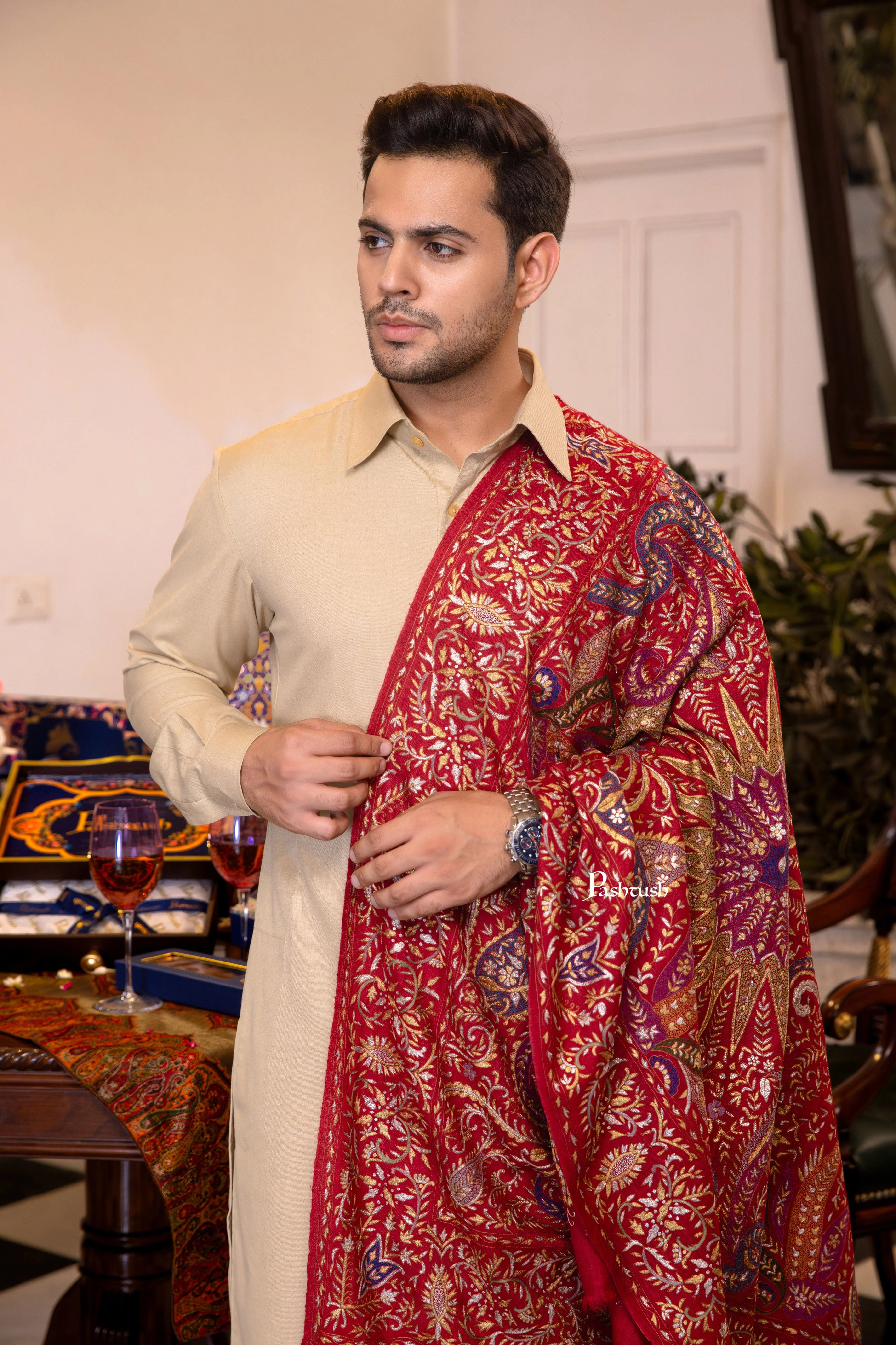 Pashtush Men's Pashmina Stole, Kashmiri Tilla Work, Handloom, Maroon - Image 4