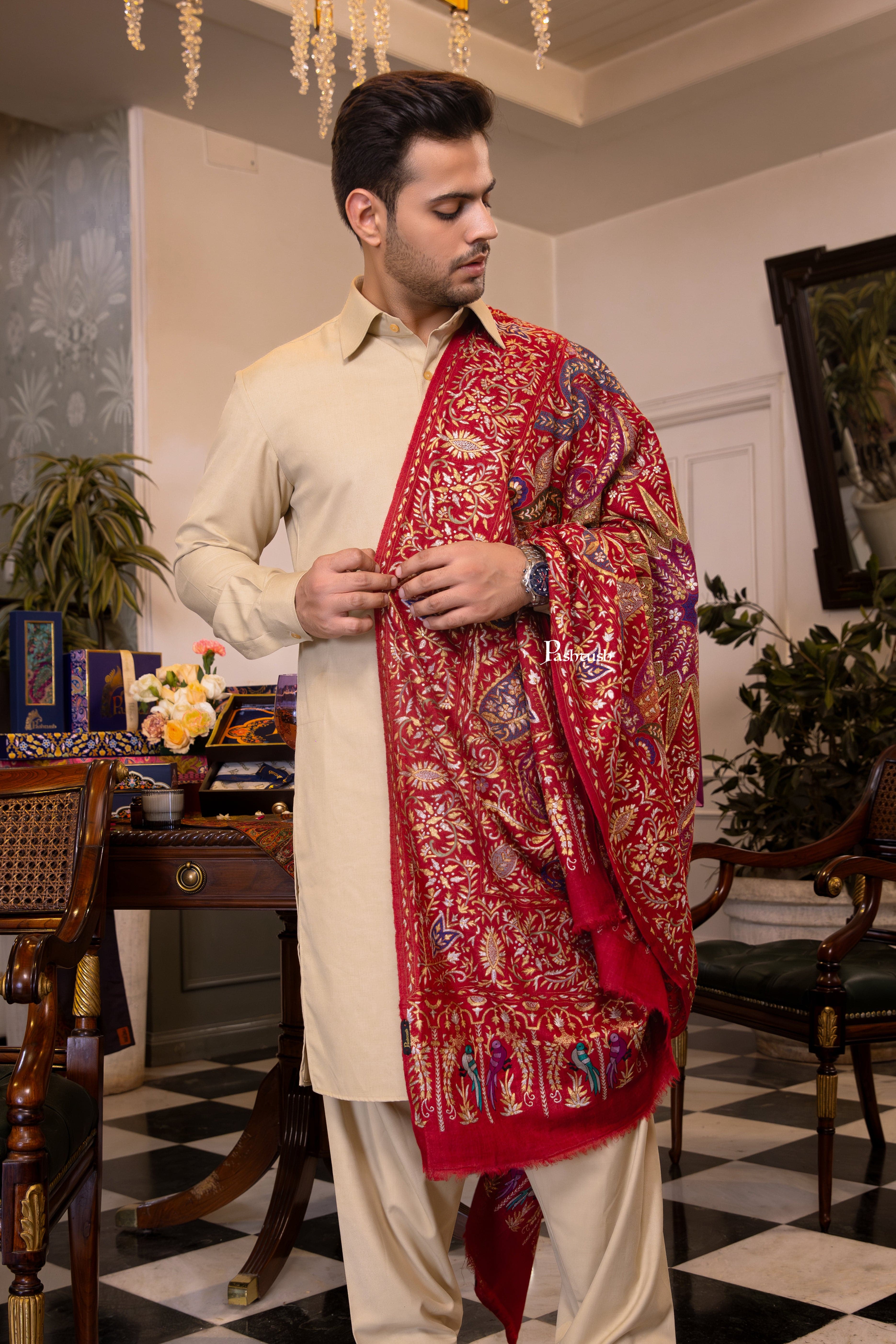 Pashtush Men's Pashmina Stole, Kashmiri Tilla Work, Handloom, Maroon - Image 5