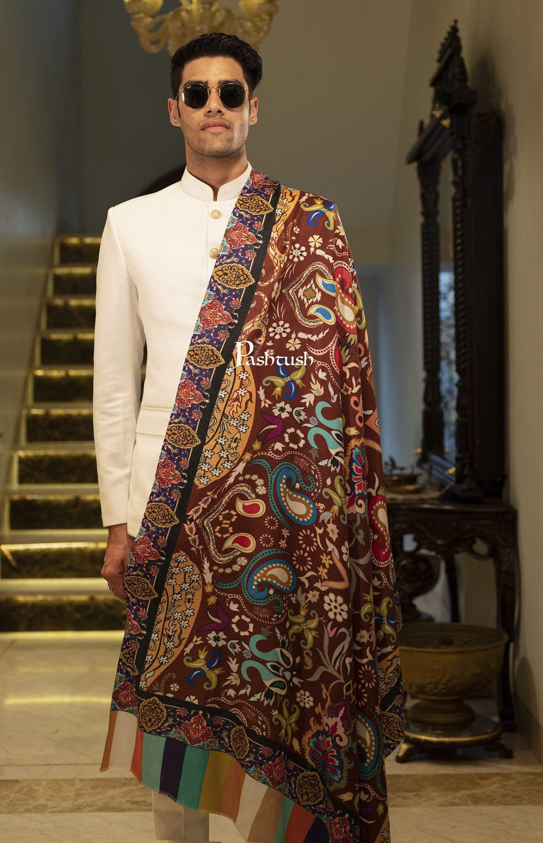 Pashtush Mens Printed Stole, Multicoloured, 100% Pure Wool (Woolmark Certified)