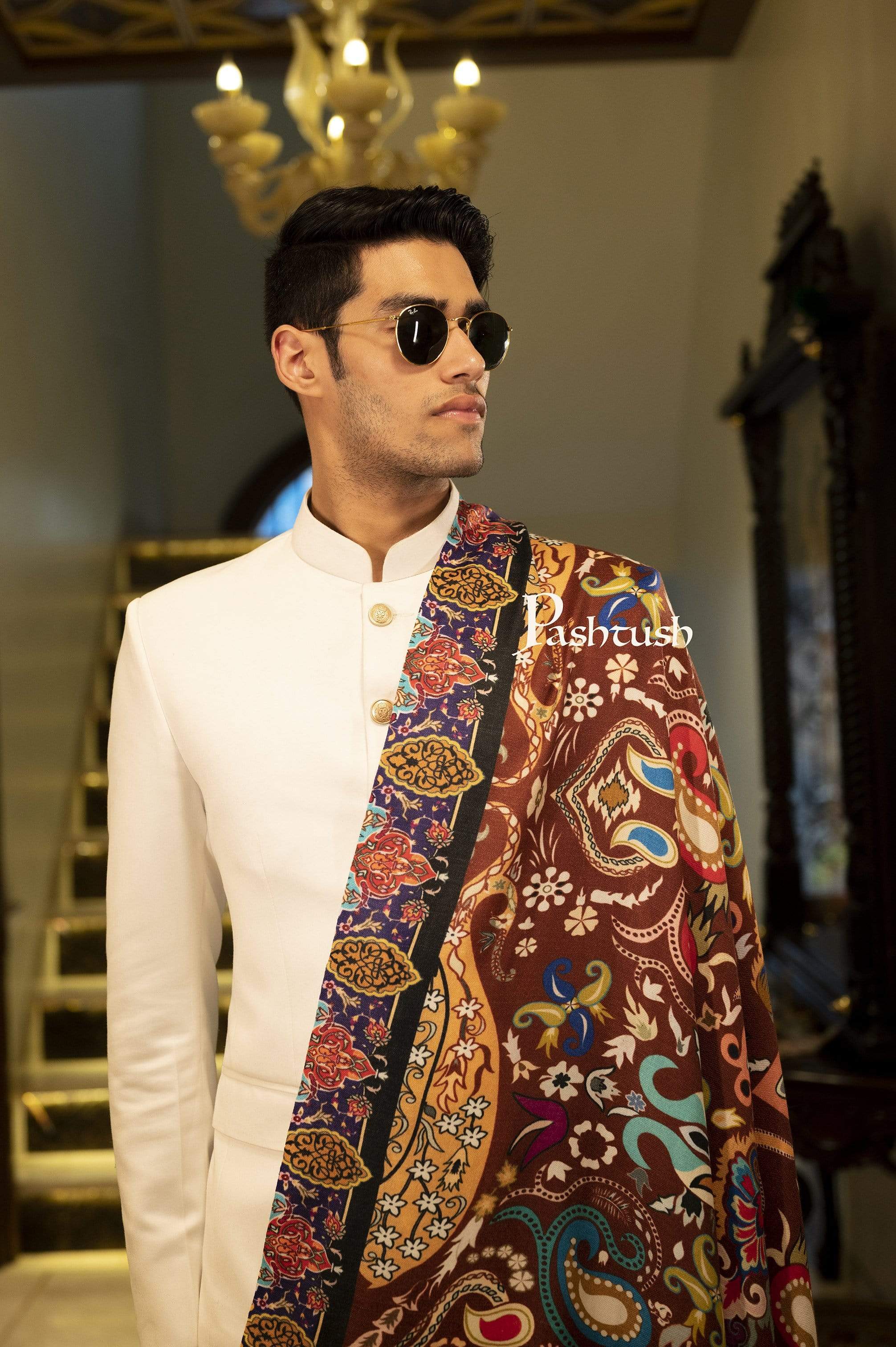 Pashtush Mens Printed Stole, Multicoloured, 100% Pure Wool (Woolmark Certified) - Image 2