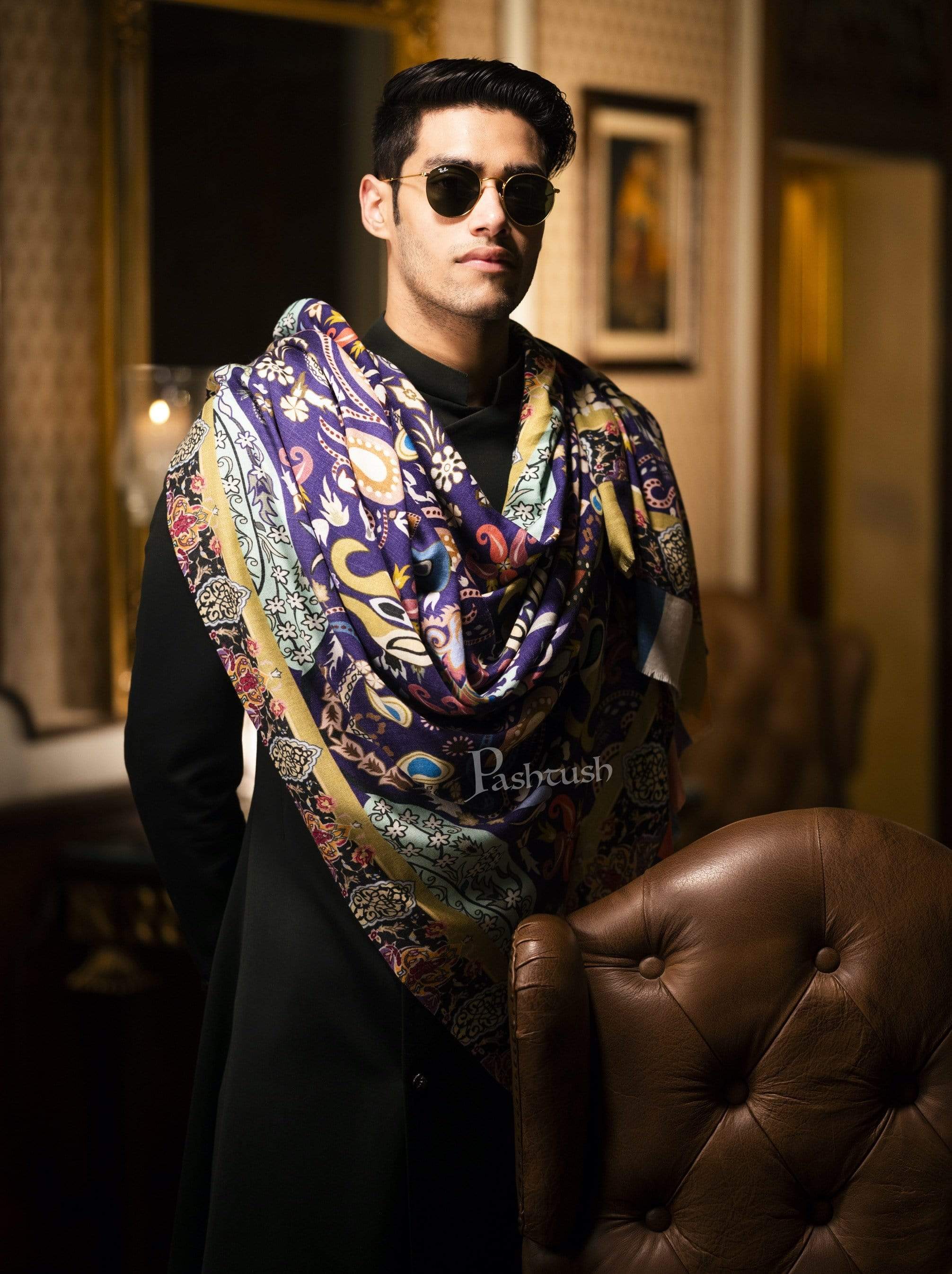 Pashtush Mens Printed Stole, Multicoloured outline, 100% Pure Wool (Woolmark Certified) - Image 2