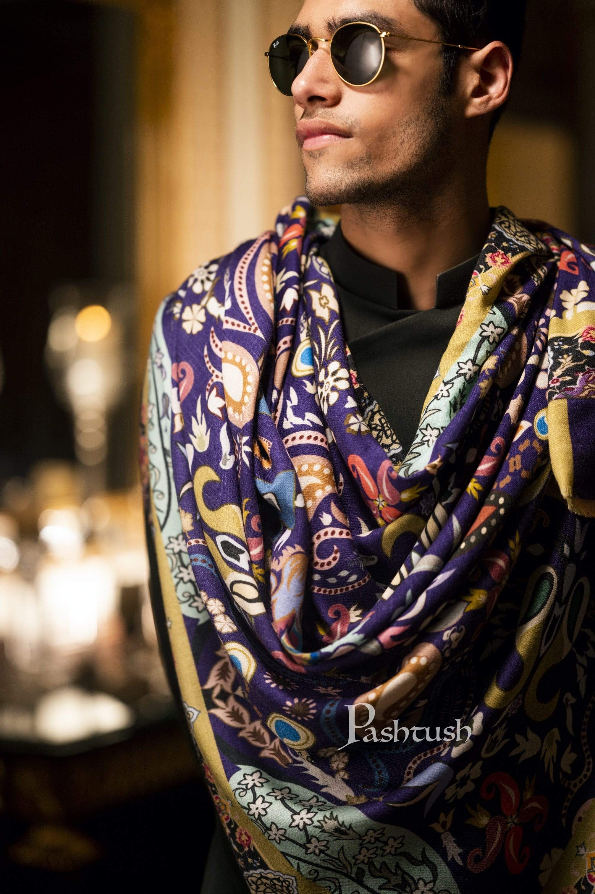 Pashtush Mens Printed Stole, Multicoloured outline, 100% Pure Wool (Woolmark Certified) - Image 3