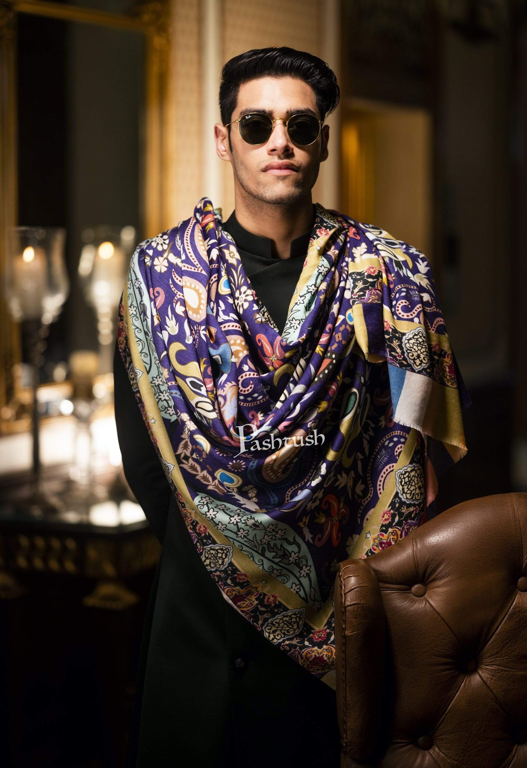 Pashtush Mens Printed Stole, Multicoloured outline, 100% Pure Wool (Woolmark Certified) - Image 7
