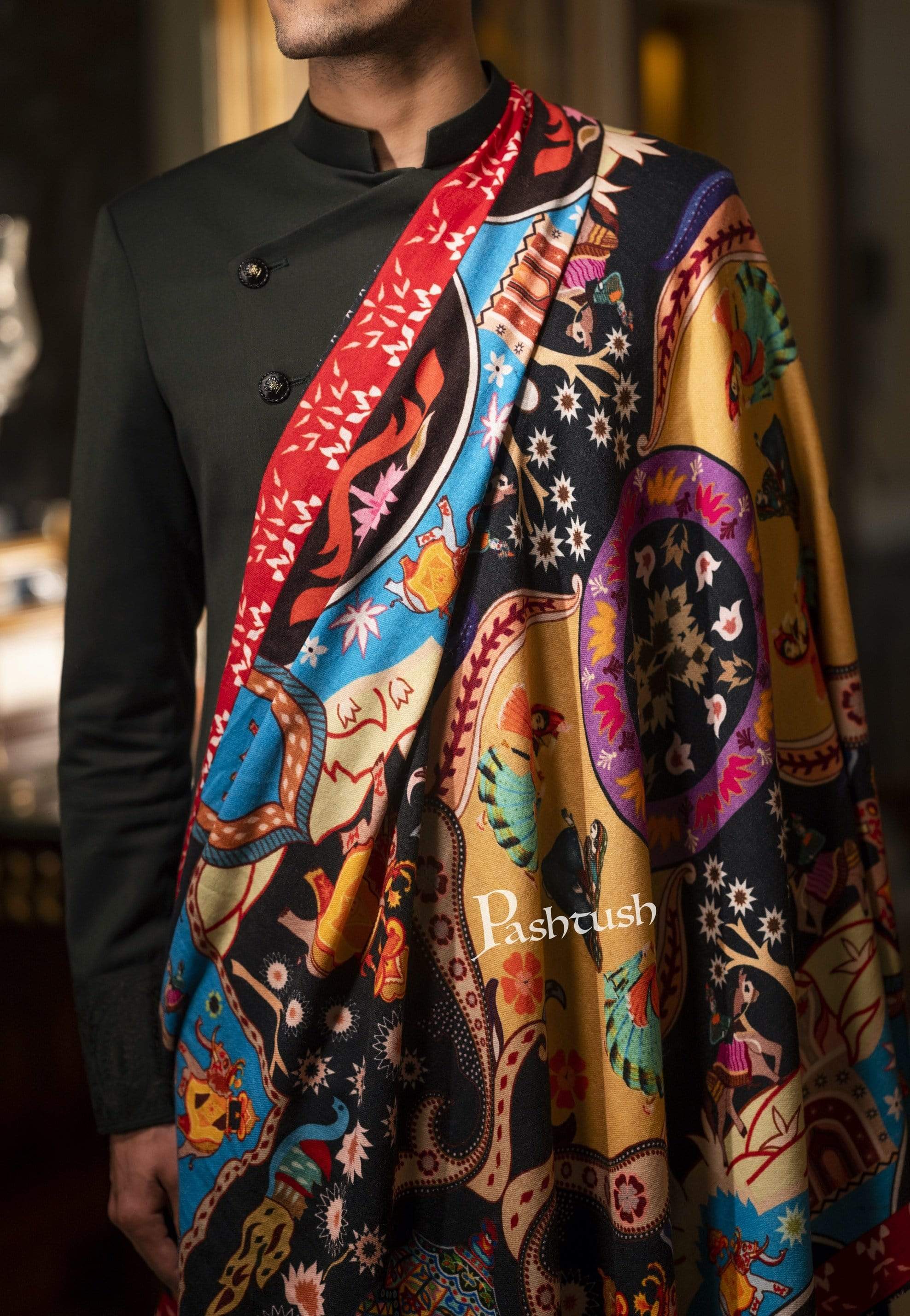 Pashtush Mens Printed Stole, Multicoloured, 100% Pure Wool (Woolmark Certified) - Image 2