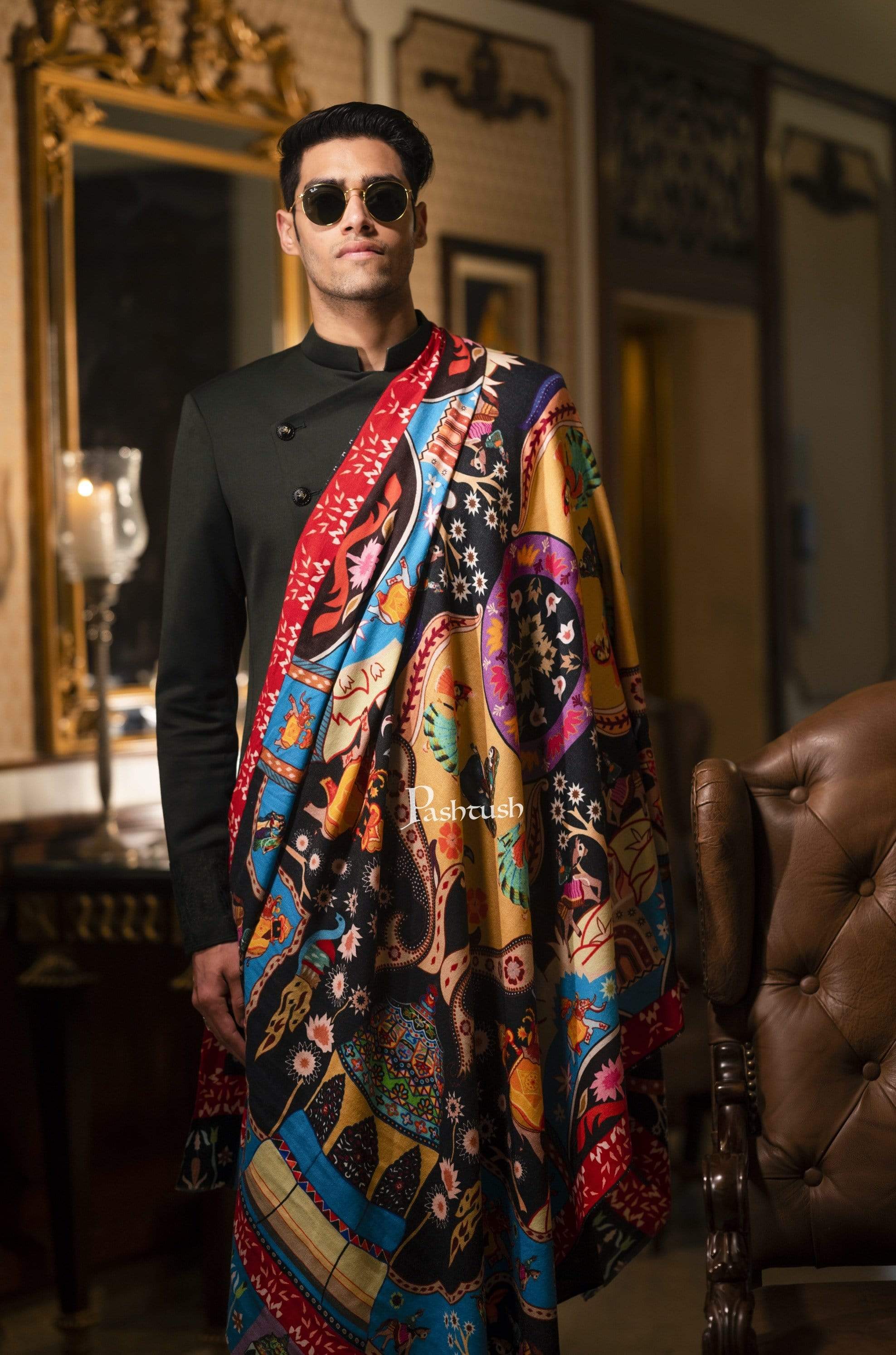 Pashtush Mens Printed Stole, Multicoloured, 100% Pure Wool (Woolmark Certified) - Image 4