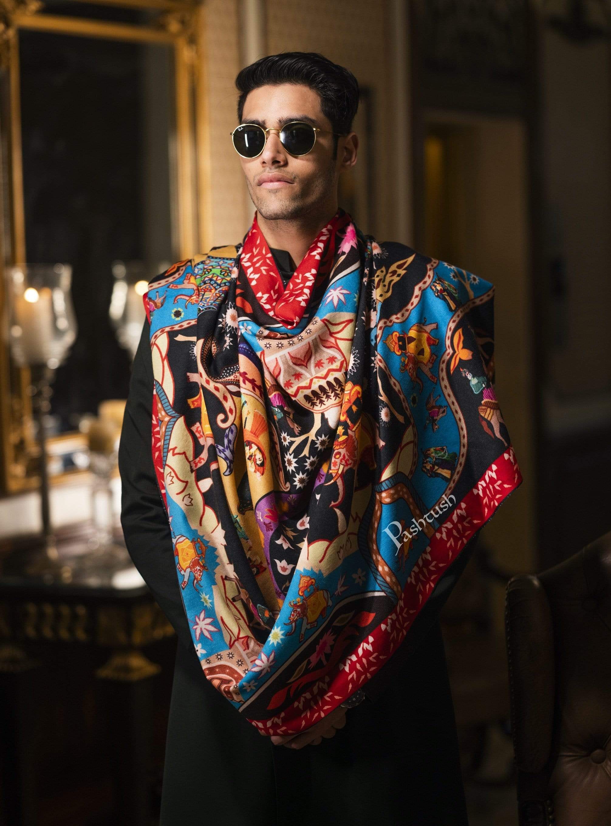 Pashtush Mens Printed Stole, Multicoloured, 100% Pure Wool (Woolmark Certified) - Image 5