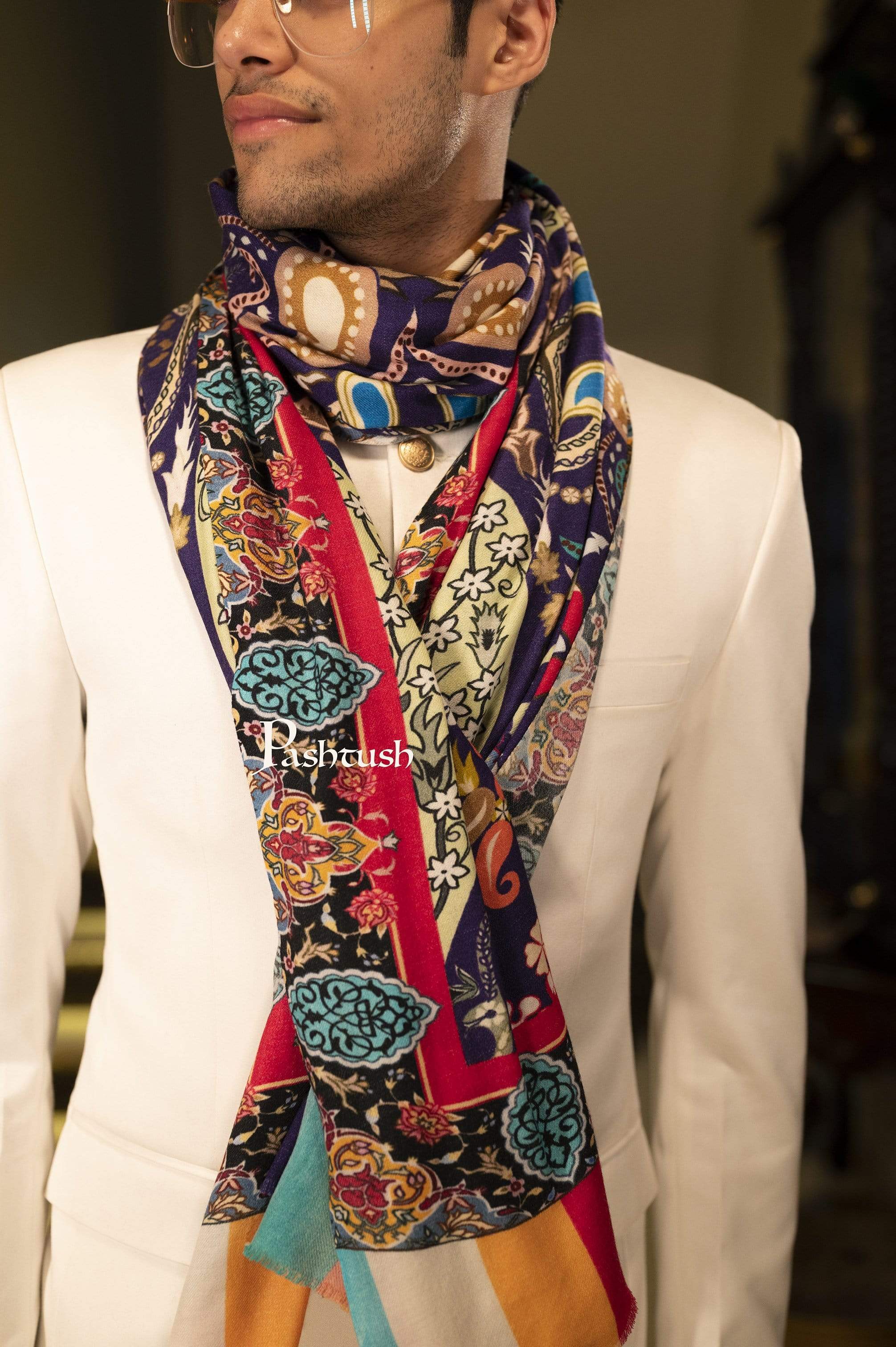 Pashtush Mens Printed Stole, Multicoloured, 100% Pure Wool (Woolmark Certified) - Image 4