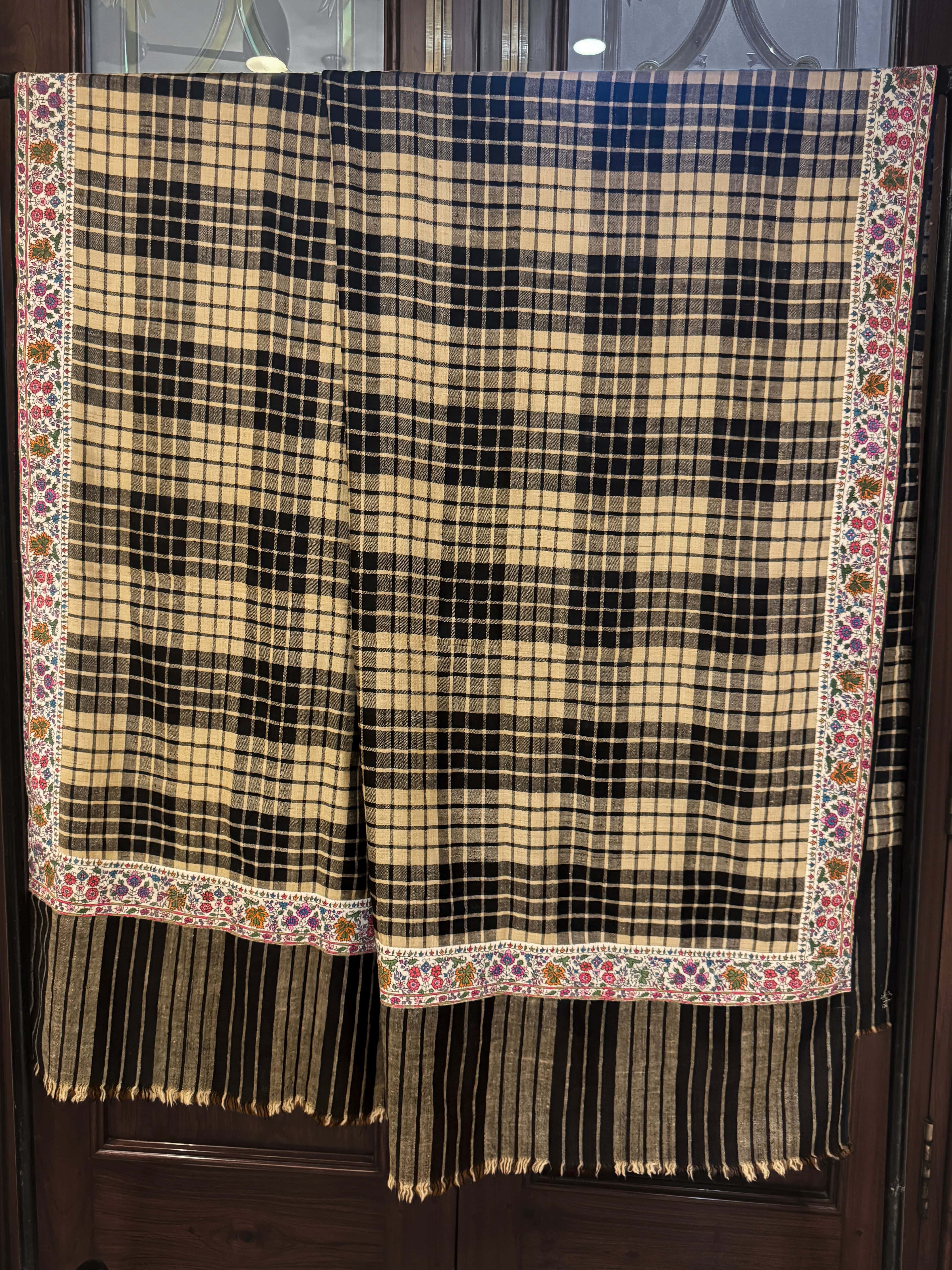 Pashtush Mens Pure Pashmina, Hand Woven Checkered with Antique Kashmiri Embroidery Border - Image 2