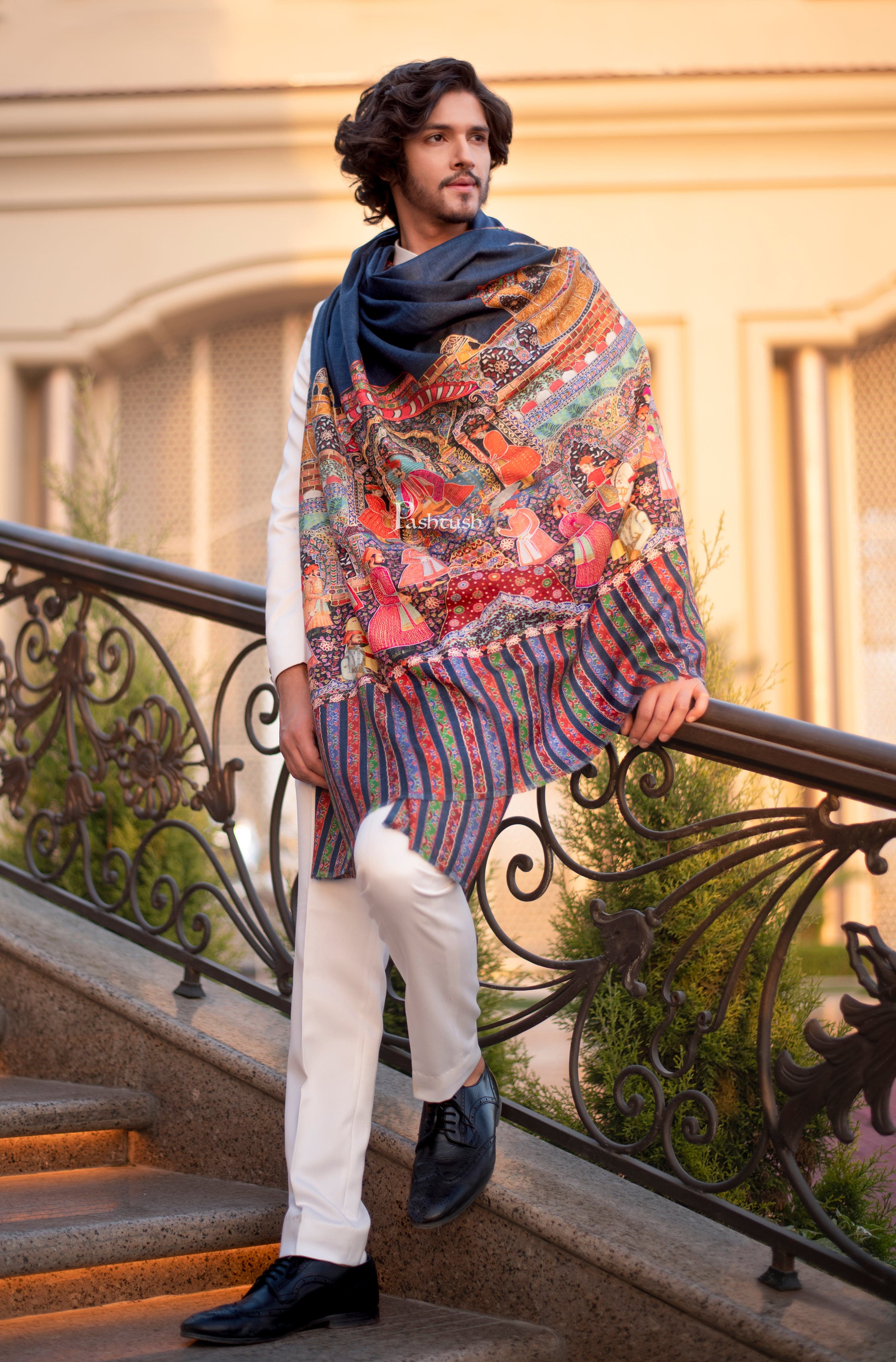 Pashtush Mens, Pure Wool, Embroidered Mughal Darbar Shawl, Woolmark Certified, Multicoloured