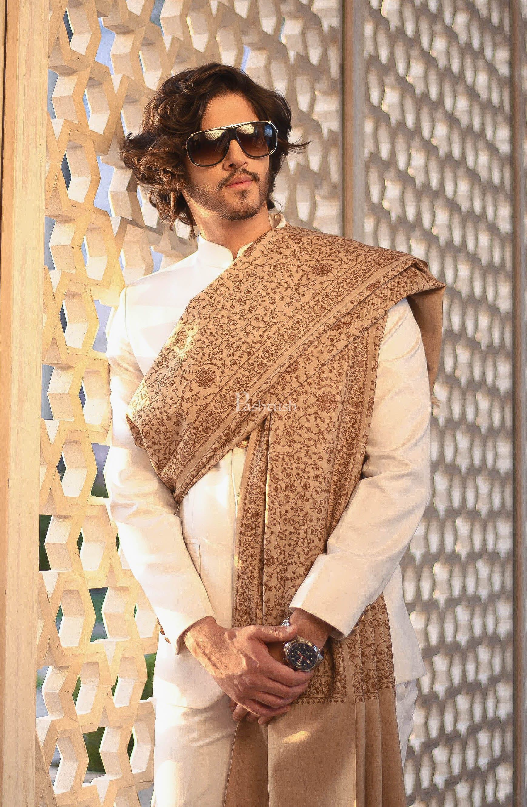 Pashtush Mens Pure Wool, Embroidery Shawl, Tone on Tone, Woolmark certified, Beige