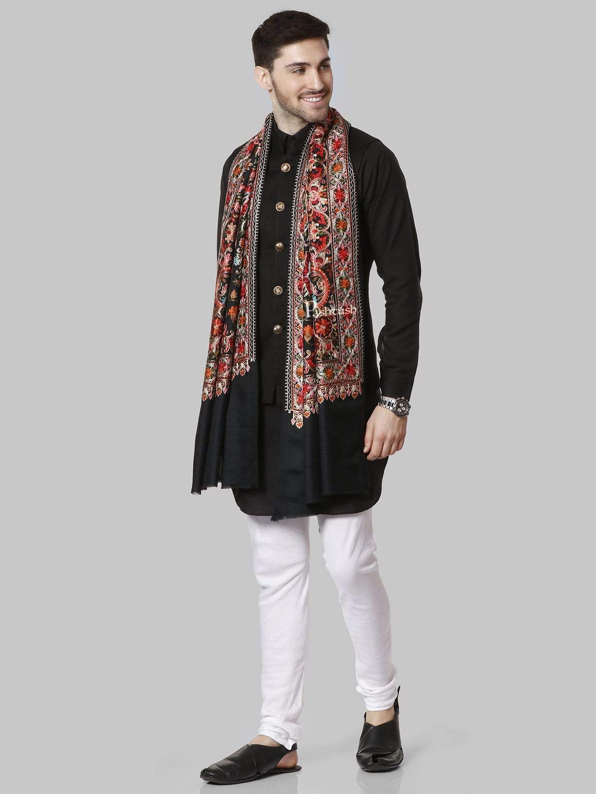 Pashtush Mens Regal Collection, Fine Wool Embroidery Stole, Rich Black - Image 3
