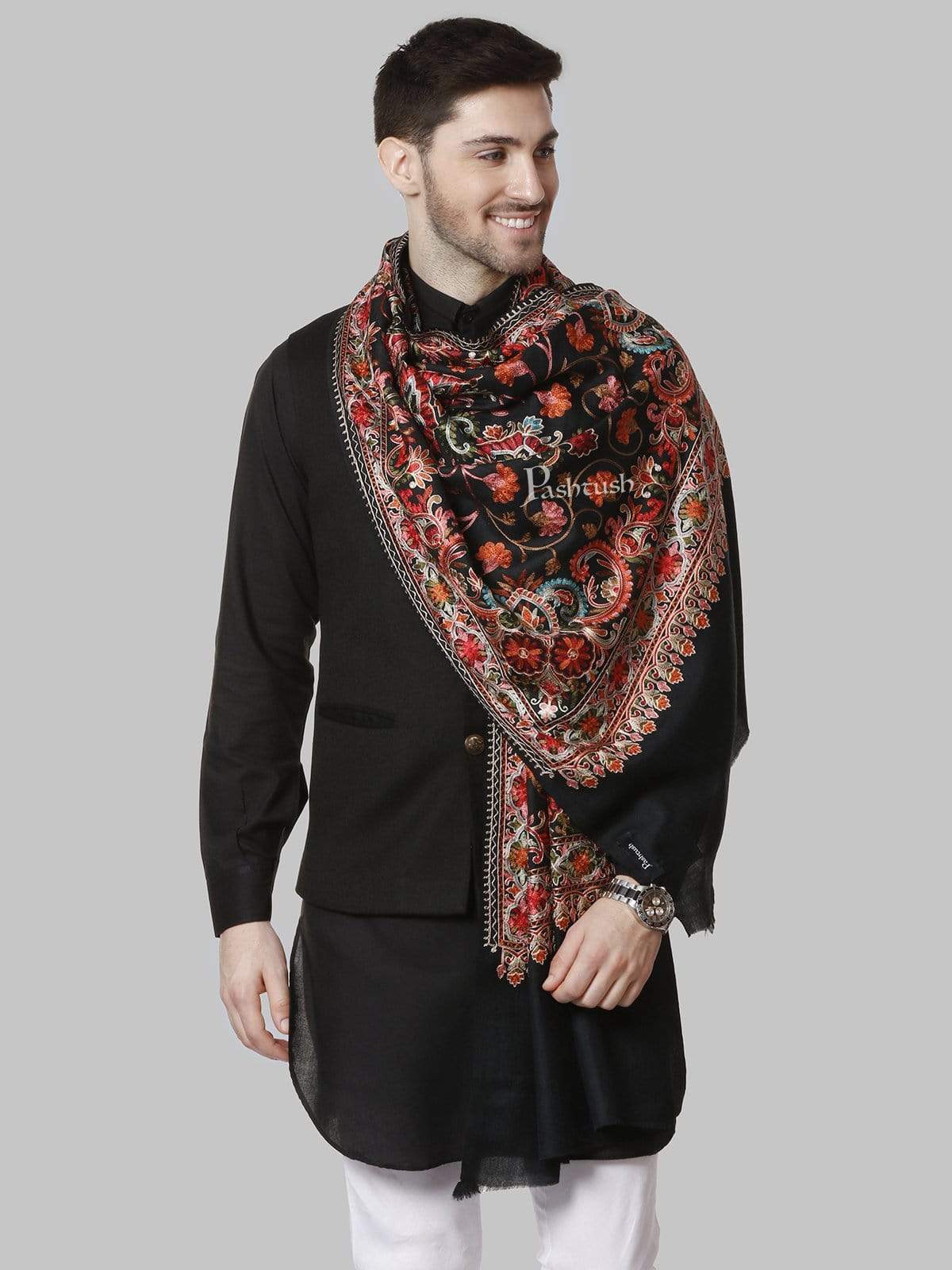 Pashtush Mens Regal Collection, Fine Wool Embroidery Stole, Rich Black - Image 4
