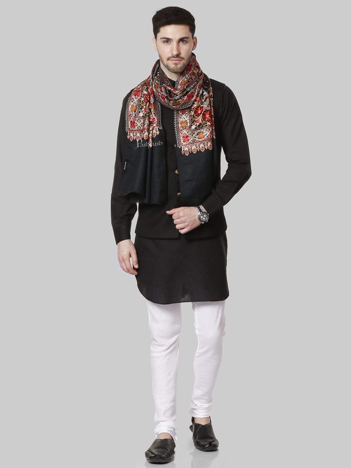 Pashtush Mens Regal Collection, Fine Wool Embroidery Stole, Rich Black - Image 5