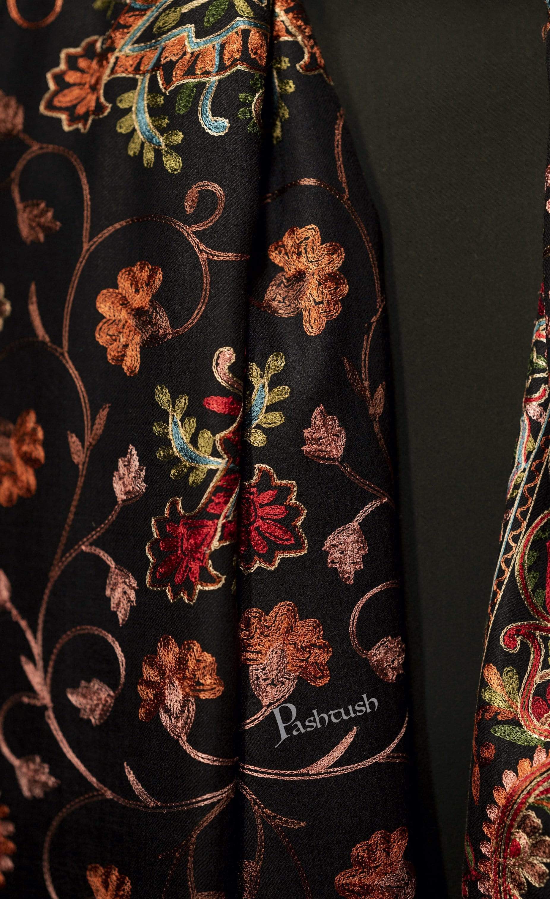 Pashtush Mens Regal Collection, Fine Wool Embroidery Stole, Rich Black - Image 5