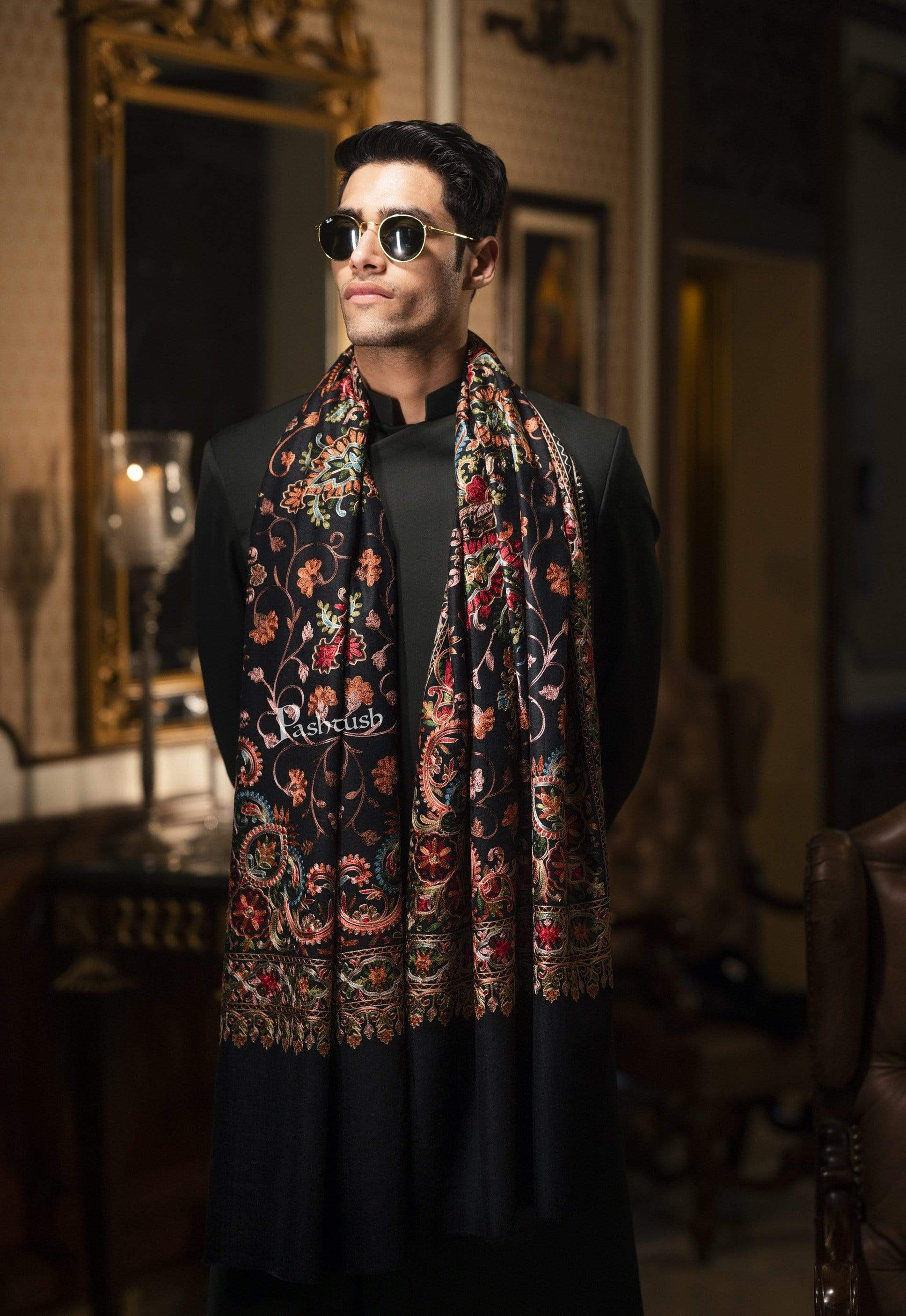 Pashtush Mens Regal Collection, Fine Wool Embroidery Stole, Rich Black - Image 6