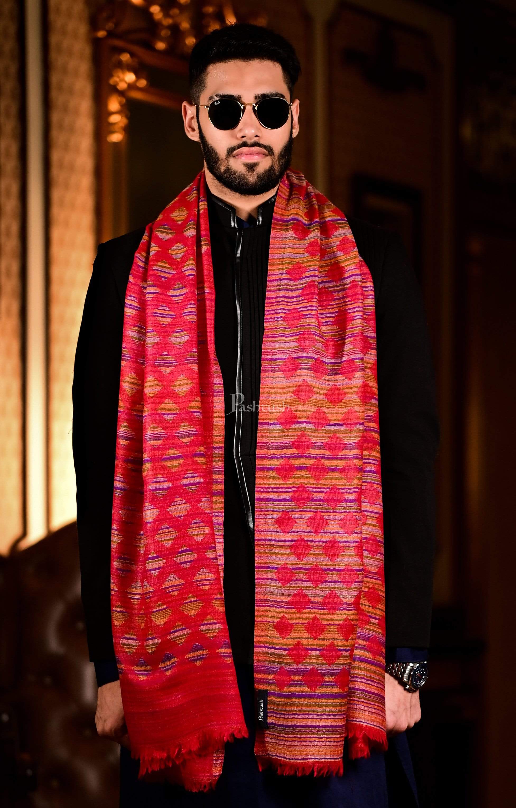 Pashtush Mens Reversible Stole, 100% Pure Wool With Woolmark Certification, Multi Coloured - Image 3