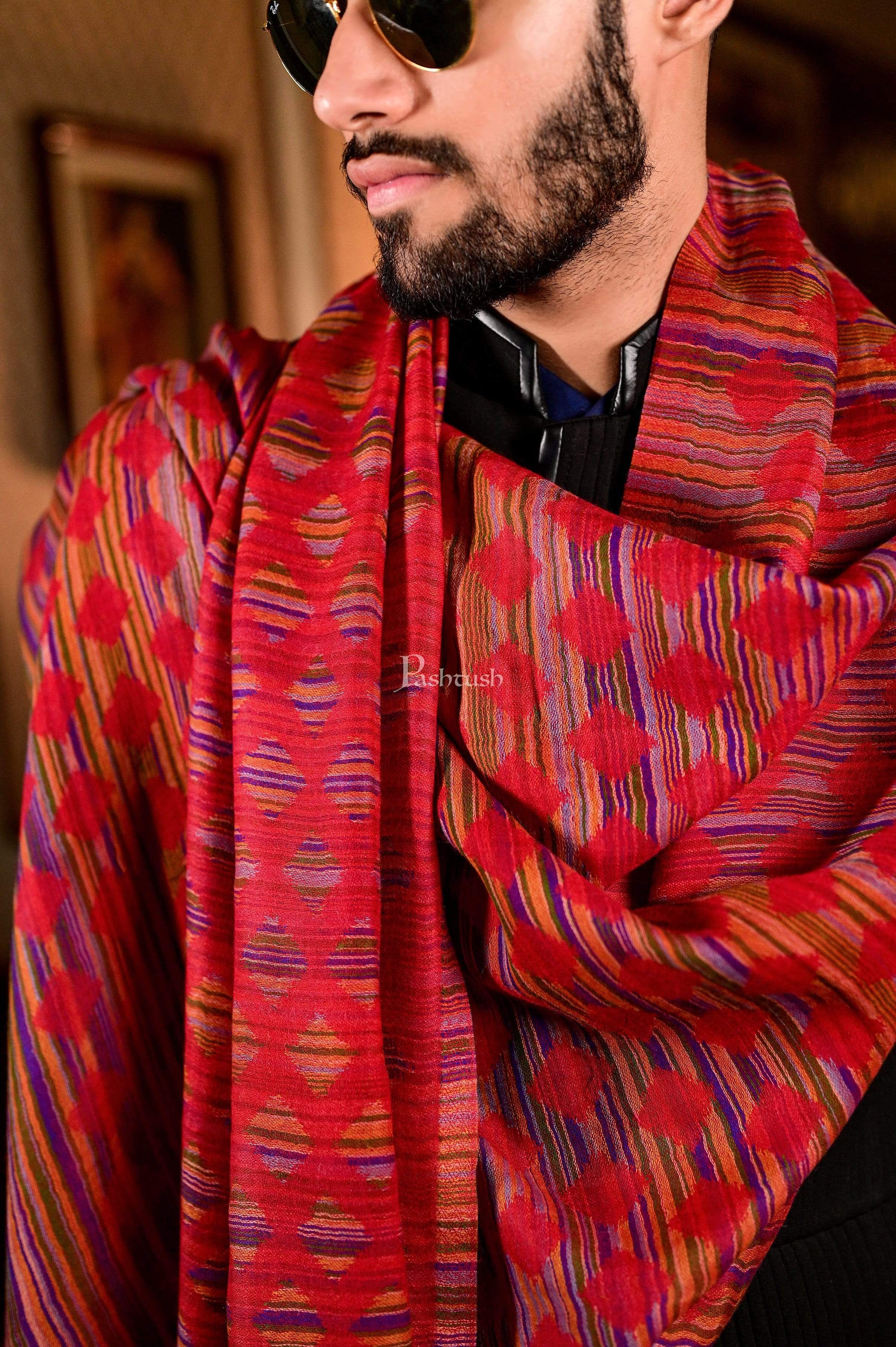 Pashtush Mens Reversible Stole, 100% Pure Wool With Woolmark Certification, Multi Coloured - Image 5
