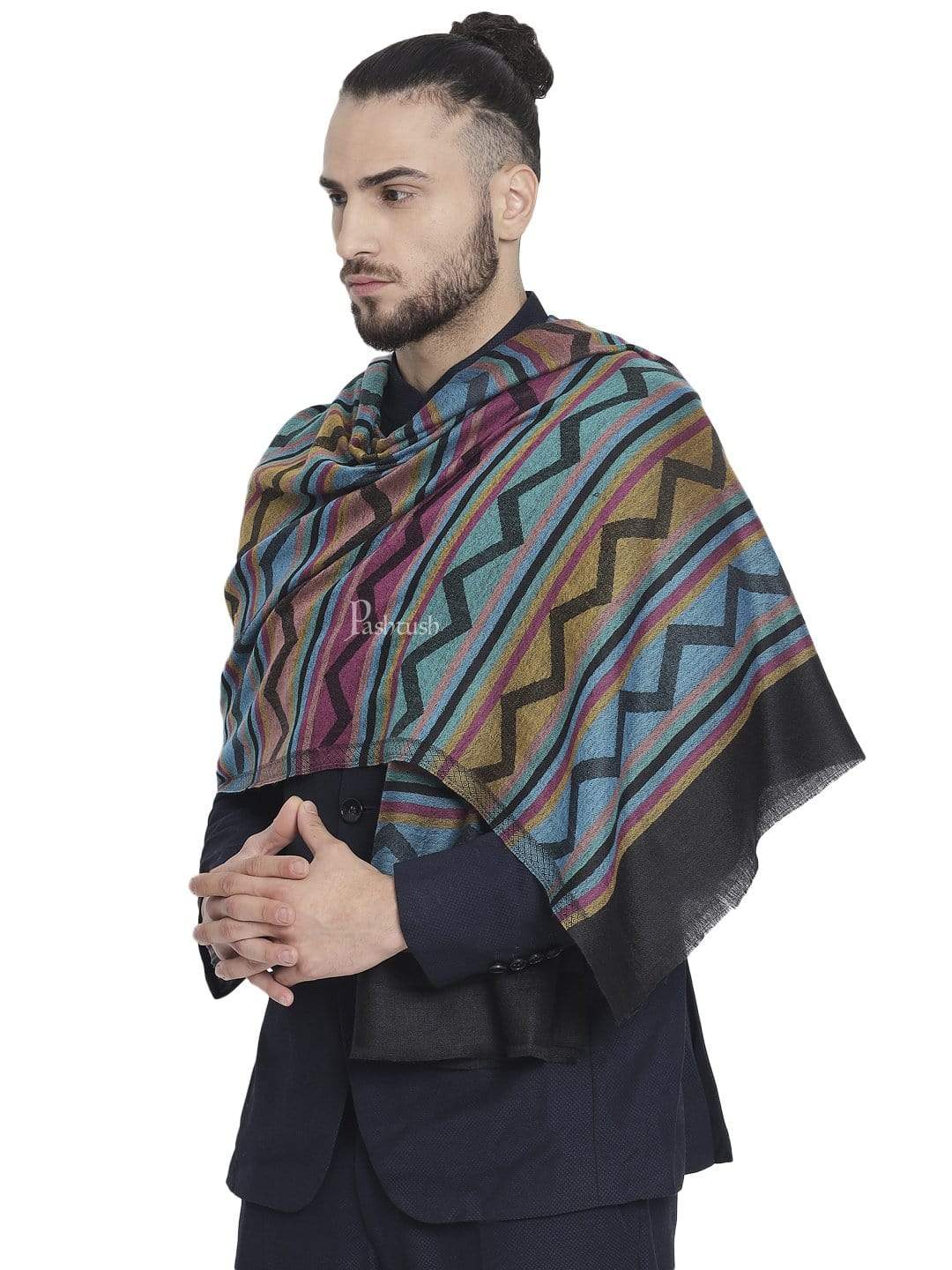 Pashtush Men'S Reversible Stole, Aztec Weave Scarf, Black