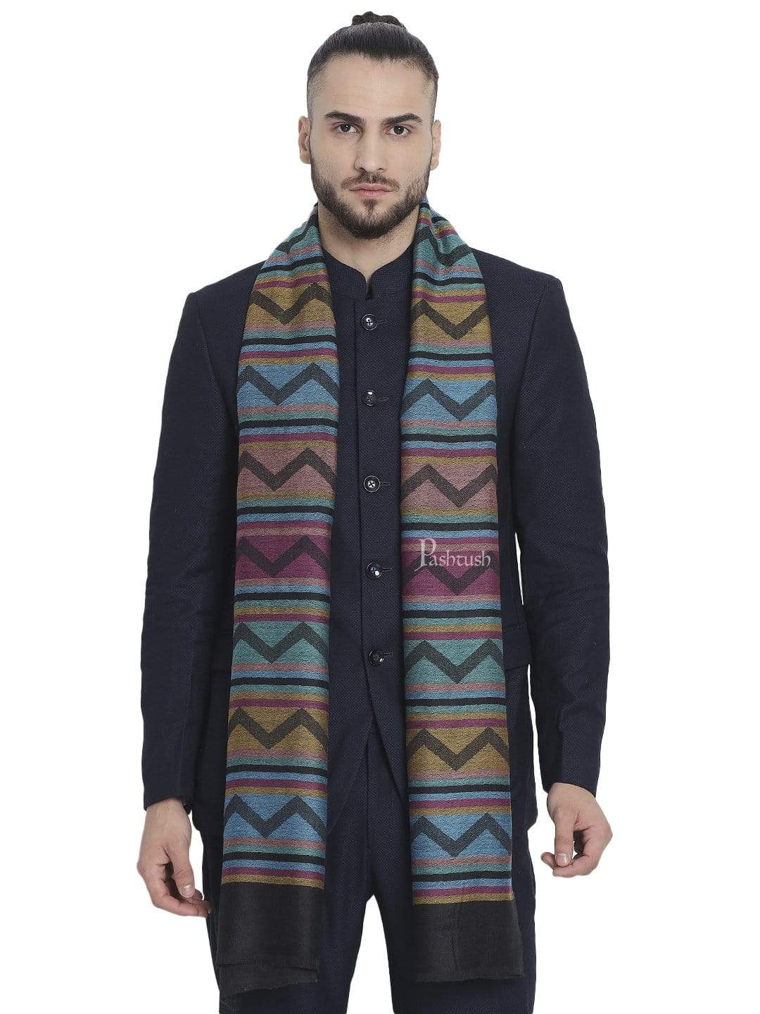 Pashtush Men'S Reversible Stole, Aztec Weave Scarf, Black - Image 3