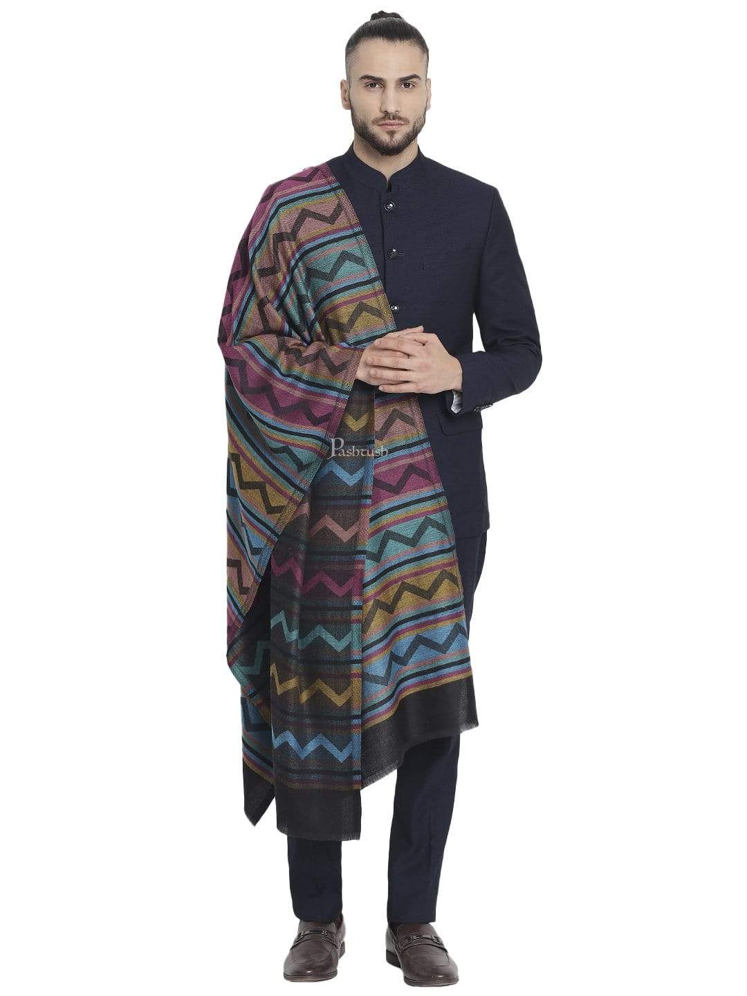 Pashtush Men'S Reversible Stole, Aztec Weave Scarf, Black - Image 4