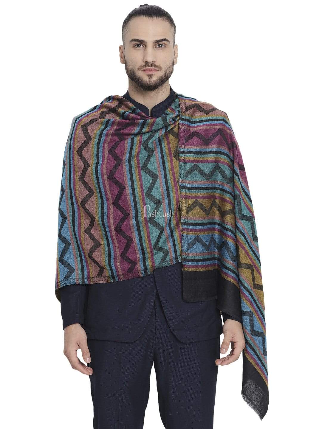 Pashtush Men'S Reversible Stole, Aztec Weave Scarf, Black - Image 5