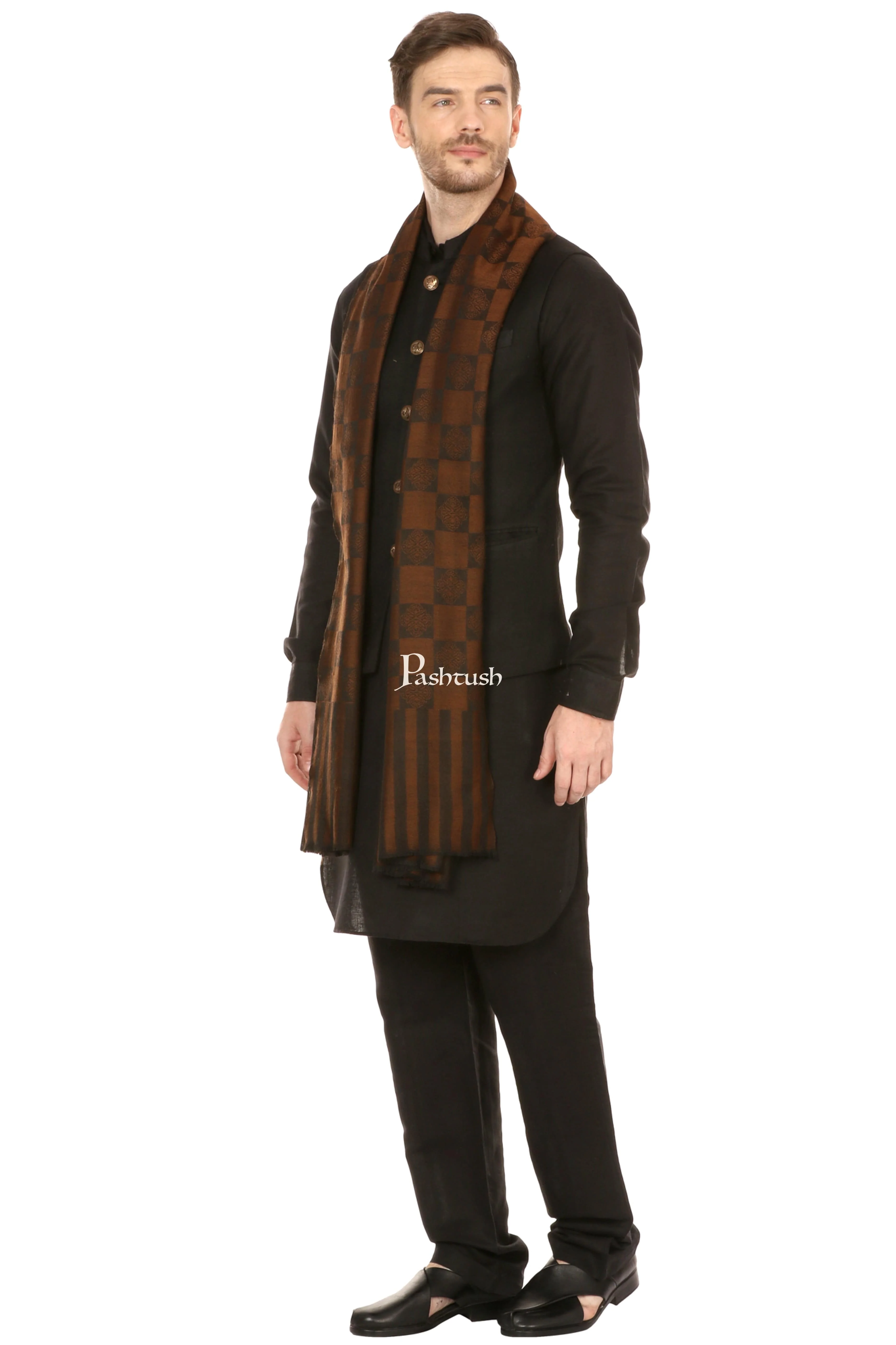 Pashtush Mens Reversible Stole, Checkered Design - Espresso - Image 4