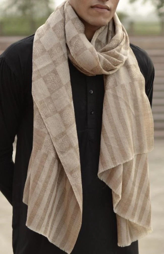 Pashtush Men'S Reversible Stole, Checkered Design Beige - Image 3