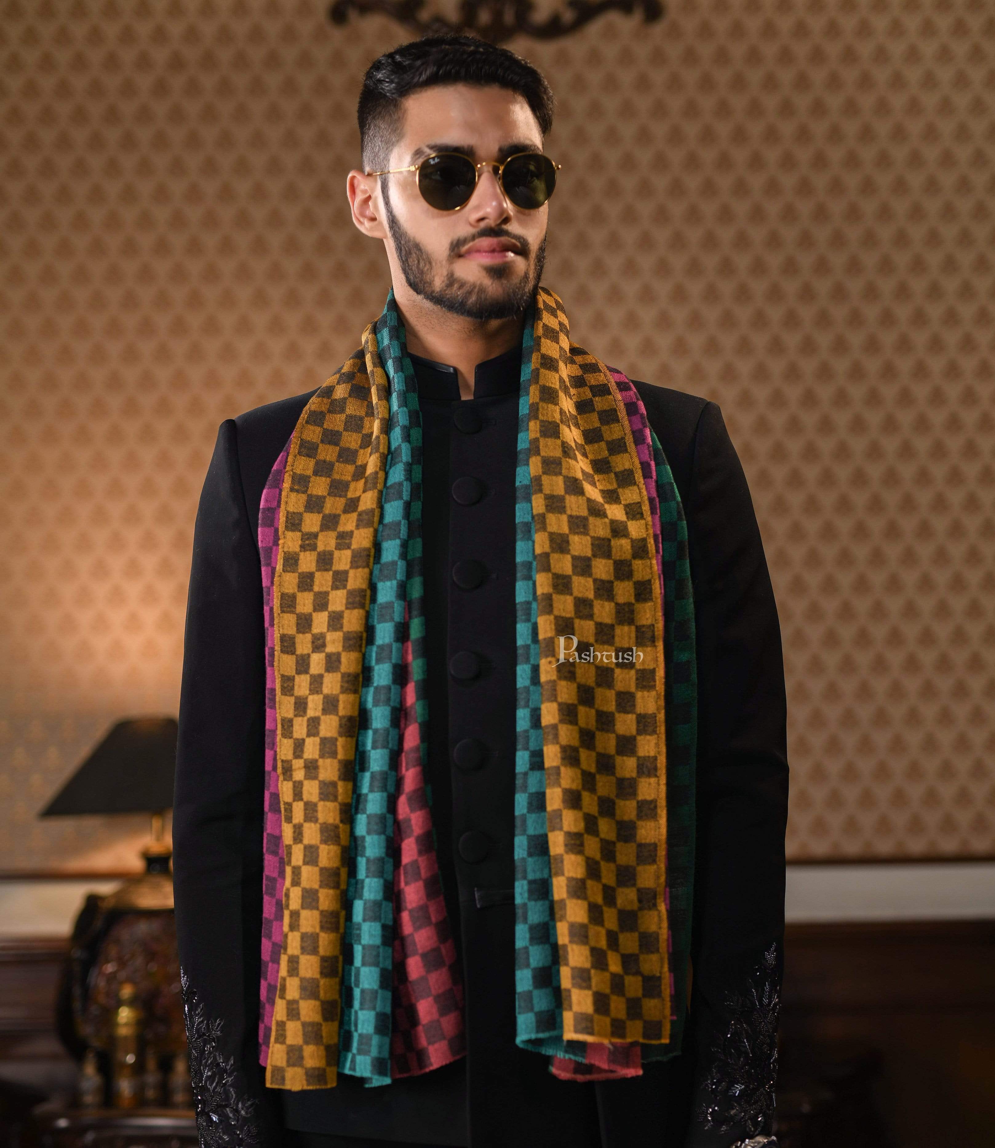 Pashtush Mens Reversible Stole, Checkered Design Multi Coloured - Image 3
