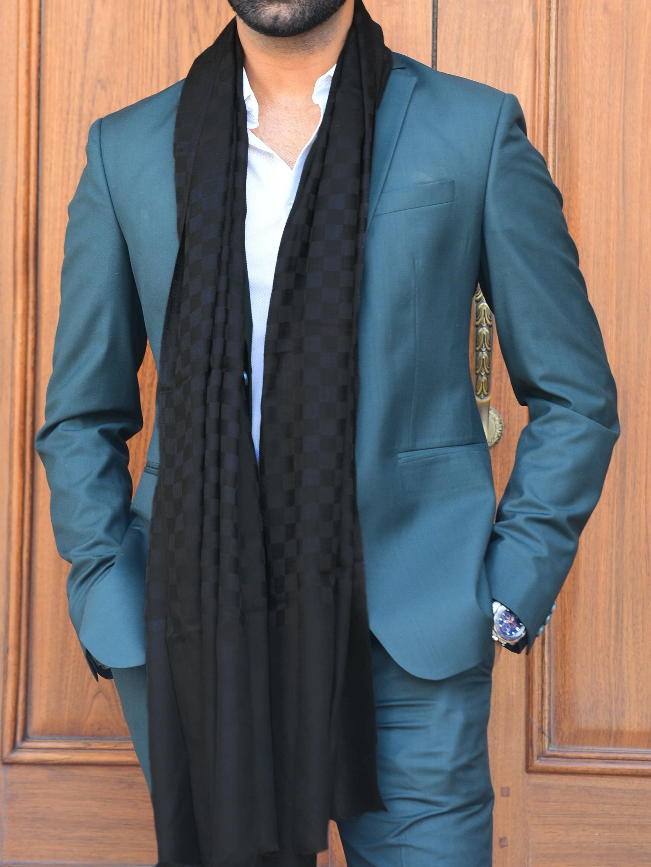 Pashtush Men'S Reversible Stole, Checkered Design Rich Black - Image 3