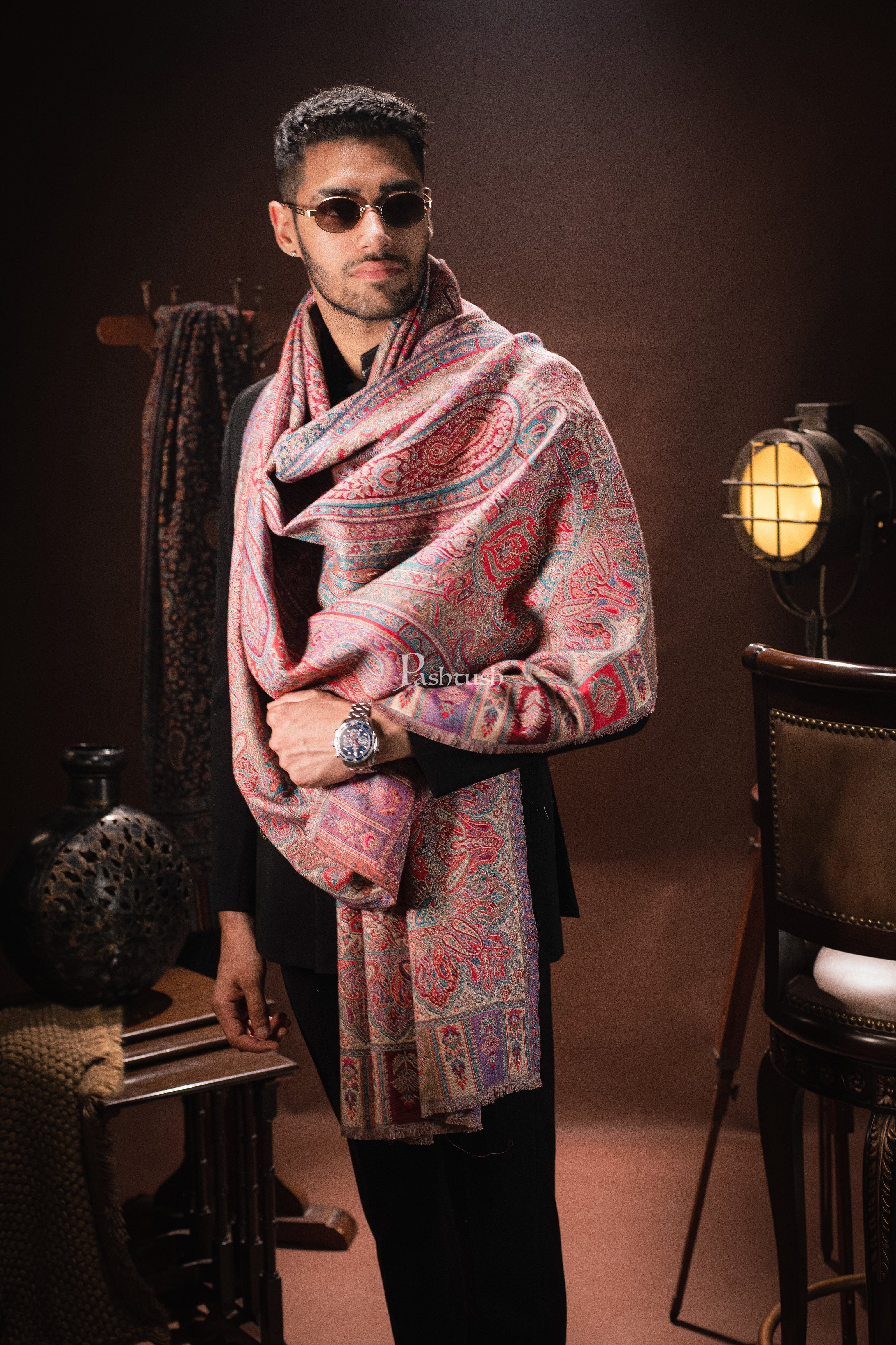 Pashtush Mens reversible Stole, Faux Pashmina, Woven Antique Heritage Design, Jamawar, Multicolour - Image 3
