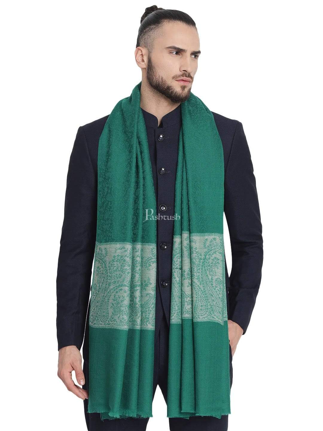 Pashtush Mens Scarf With Chanting Paisleys Design, Soft And Warm, Emerald Green