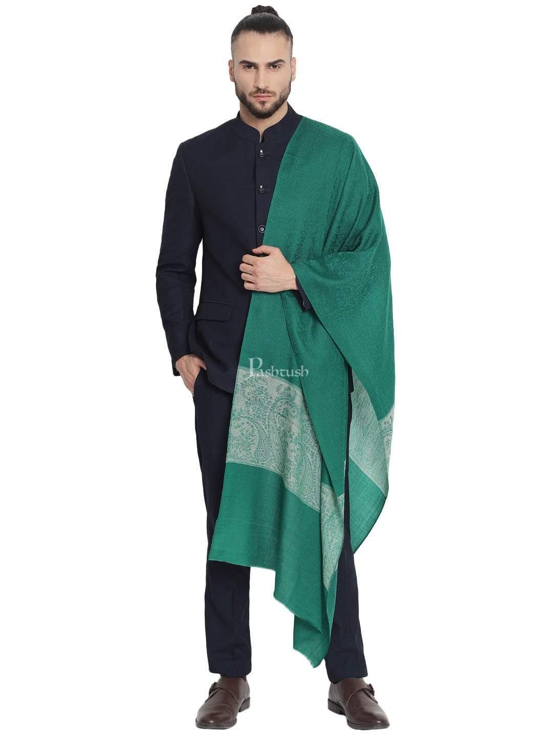 Pashtush Mens Scarf With Chanting Paisleys Design, Soft And Warm, Emerald Green - Image 5