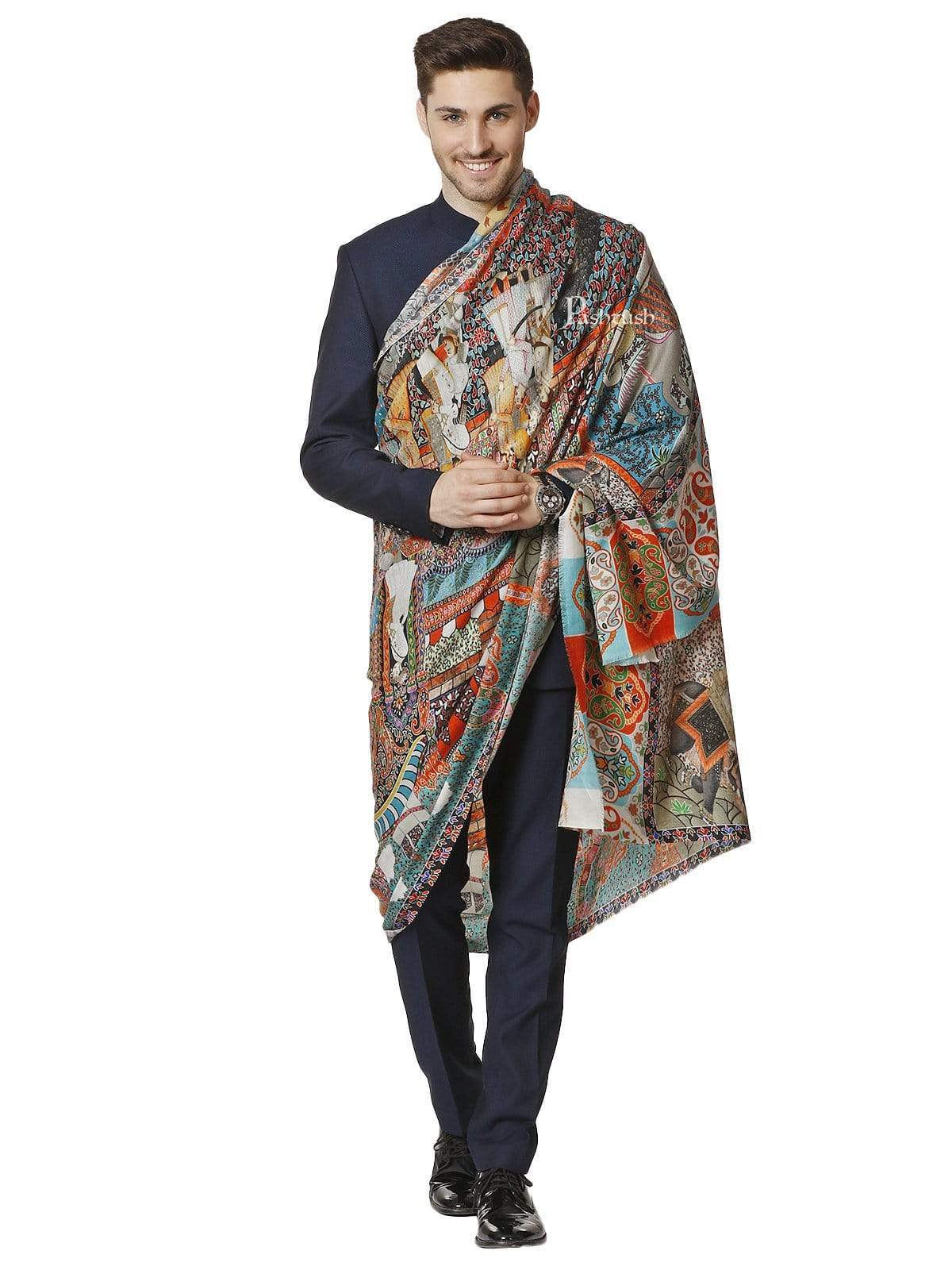 Pashtush Mens Mughal Darbar Printed Shawl, 100% Pure, Woolmark Certified, Full Size