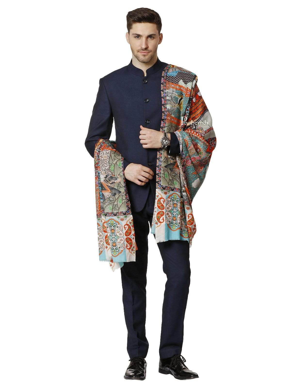 Pashtush Mens Mughal Darbar Printed Shawl, 100% Pure, Woolmark Certified, Full Size - Image 3