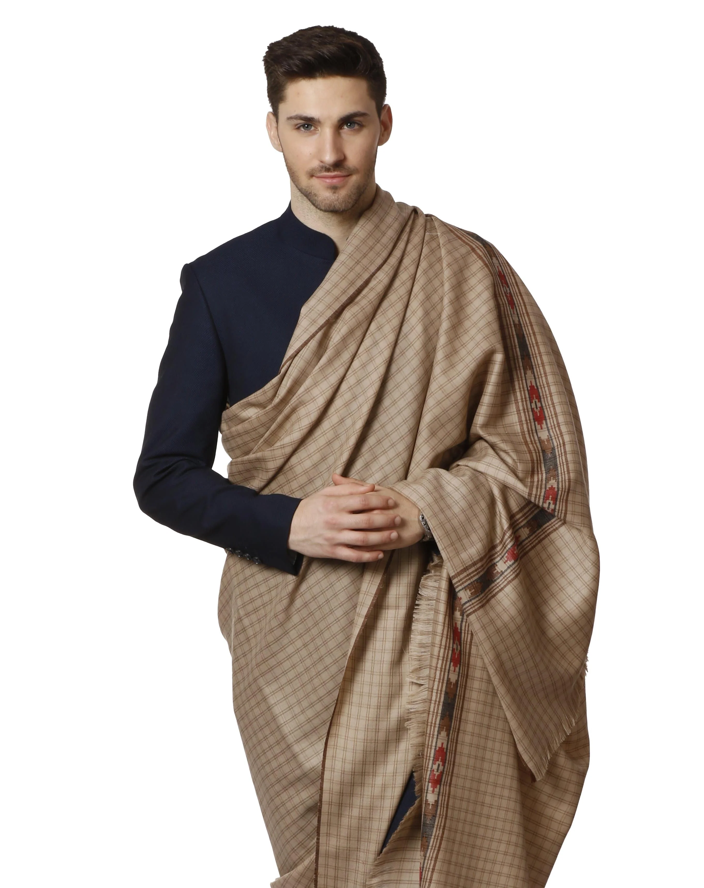 Pashtush Woven Aztec Design Mens Full Size Shawl In Extra Fine Wool - Taupe