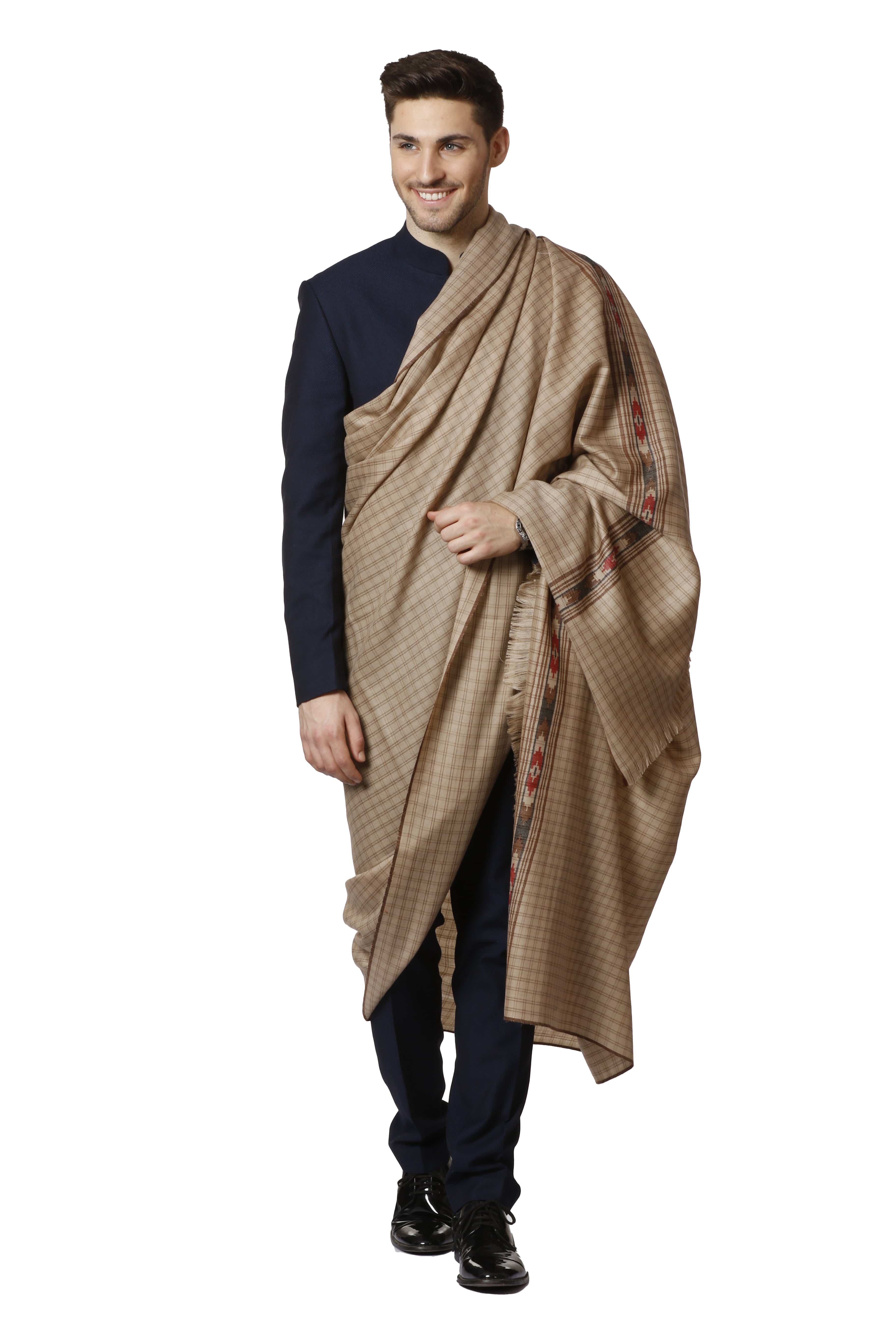 Pashtush Woven Aztec Design Mens Full Size Shawl In Extra Fine Wool - Taupe - Image 2