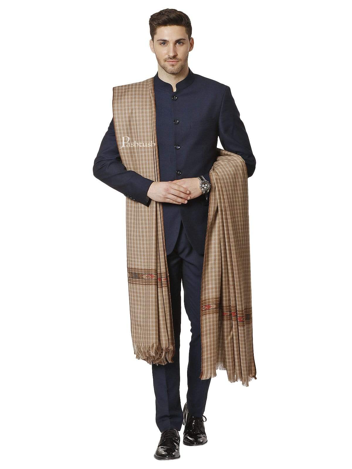 Pashtush Woven Aztec Design Mens Full Size Shawl In Extra Fine Wool - Taupe - Image 3