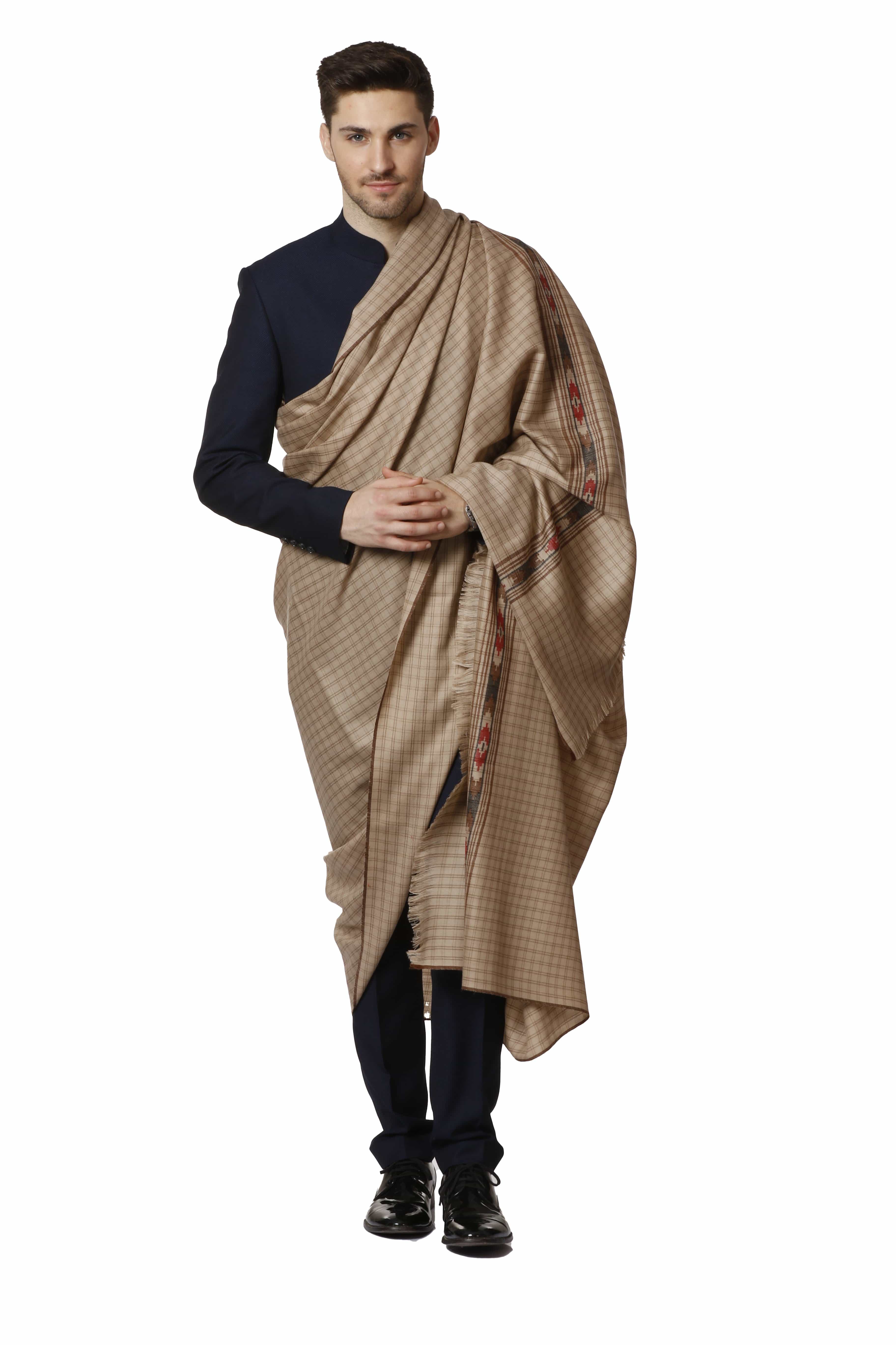 Pashtush Woven Aztec Design Mens Full Size Shawl In Extra Fine Wool - Taupe - Image 5