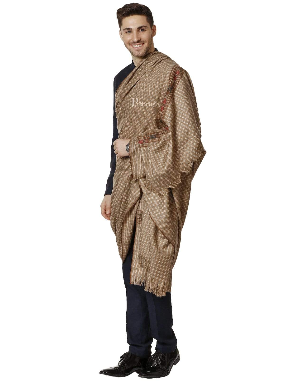 Pashtush Woven Aztec Design Mens Full Size Shawl In Extra Fine Wool - Taupe - Image 7