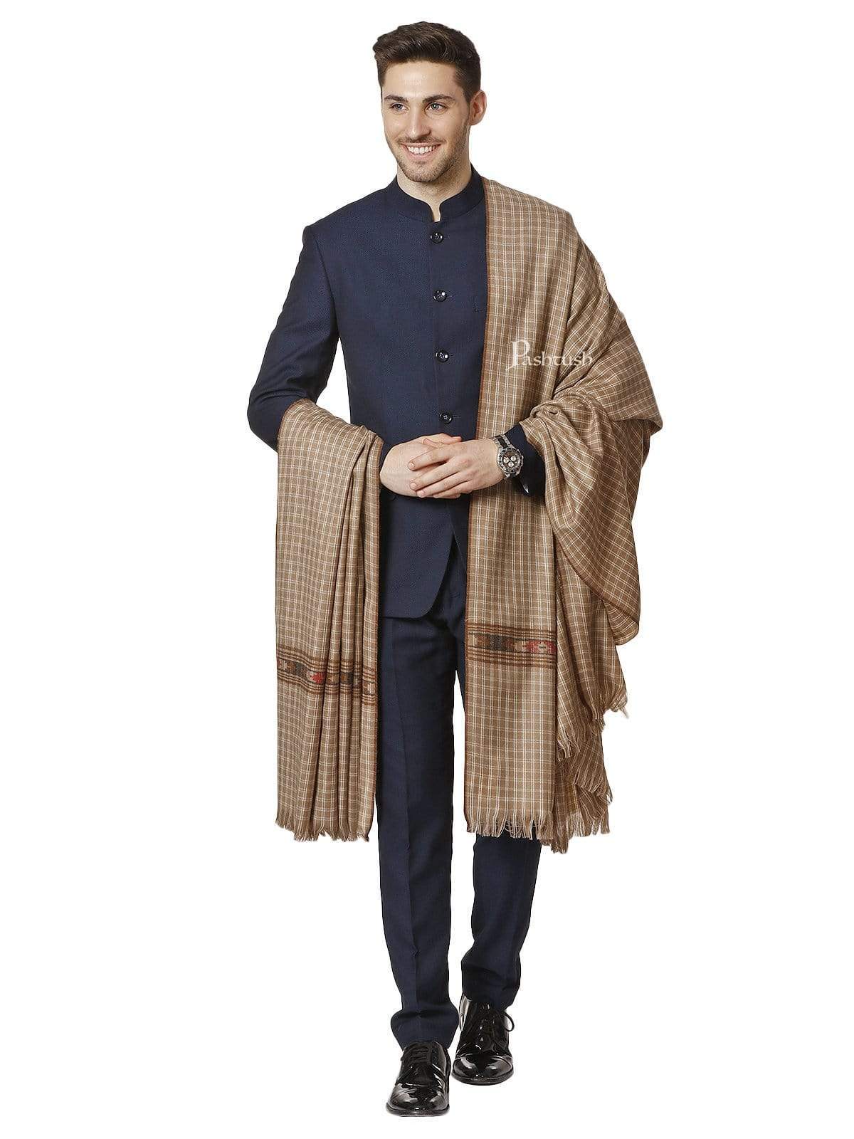 Pashtush Woven Aztec Design Mens Full Size Shawl In Extra Fine Wool - Taupe - Image 8