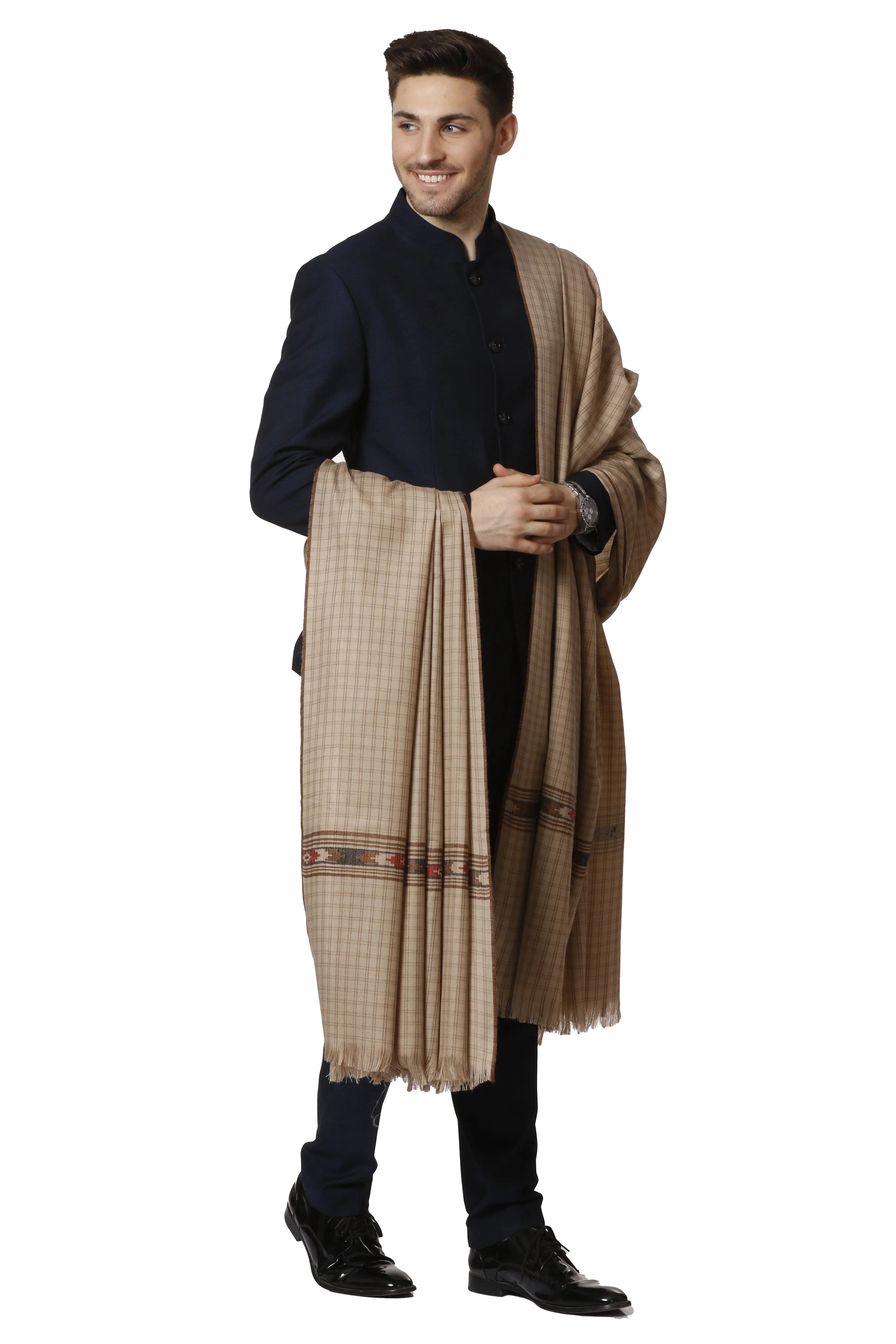 Pashtush Woven Aztec Design Mens Full Size Shawl In Extra Fine Wool - Taupe - Image 9