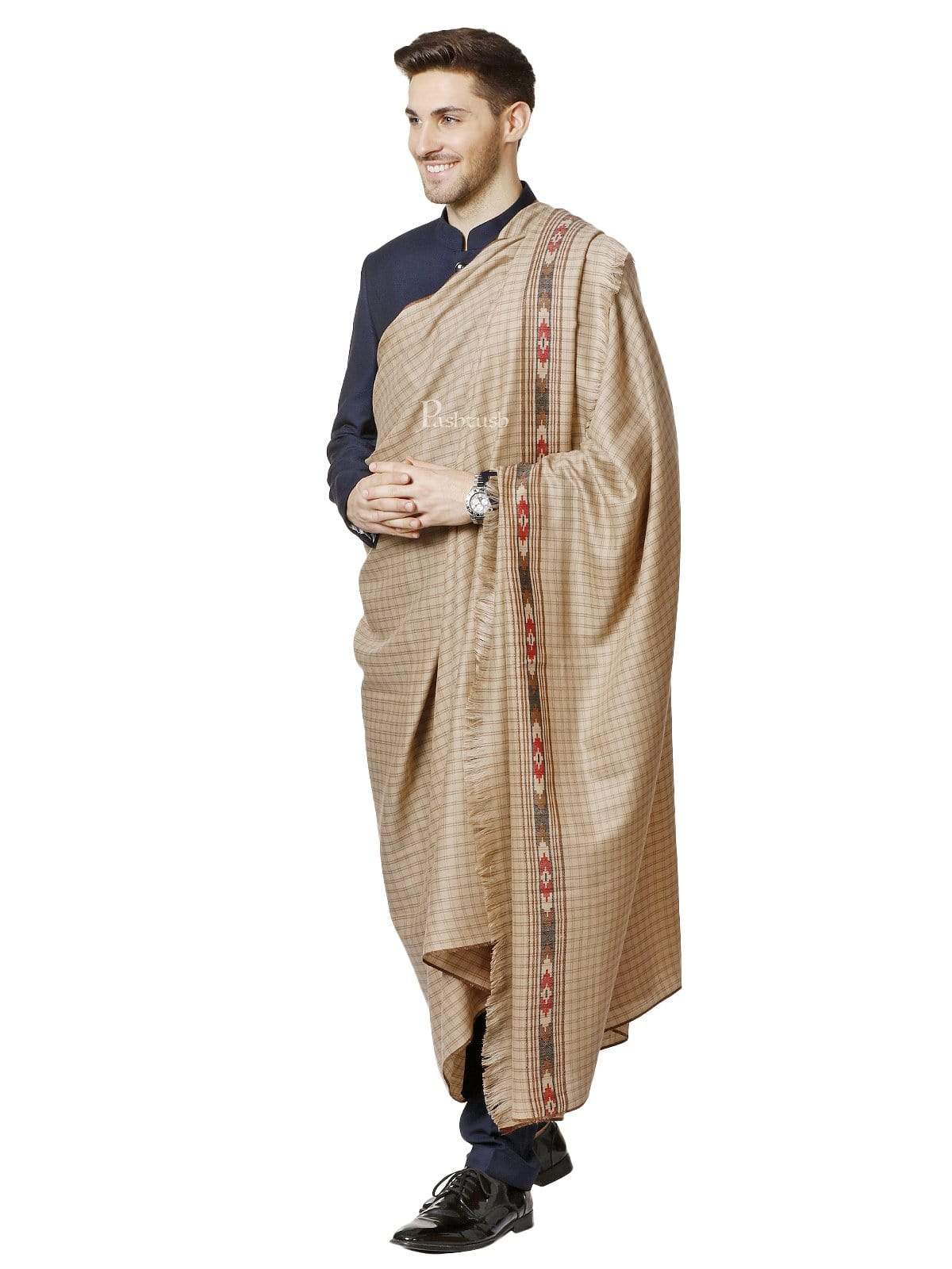 Pashtush Mens Aztec Weave Shawl With Checkered Weave, Beige - Image 2