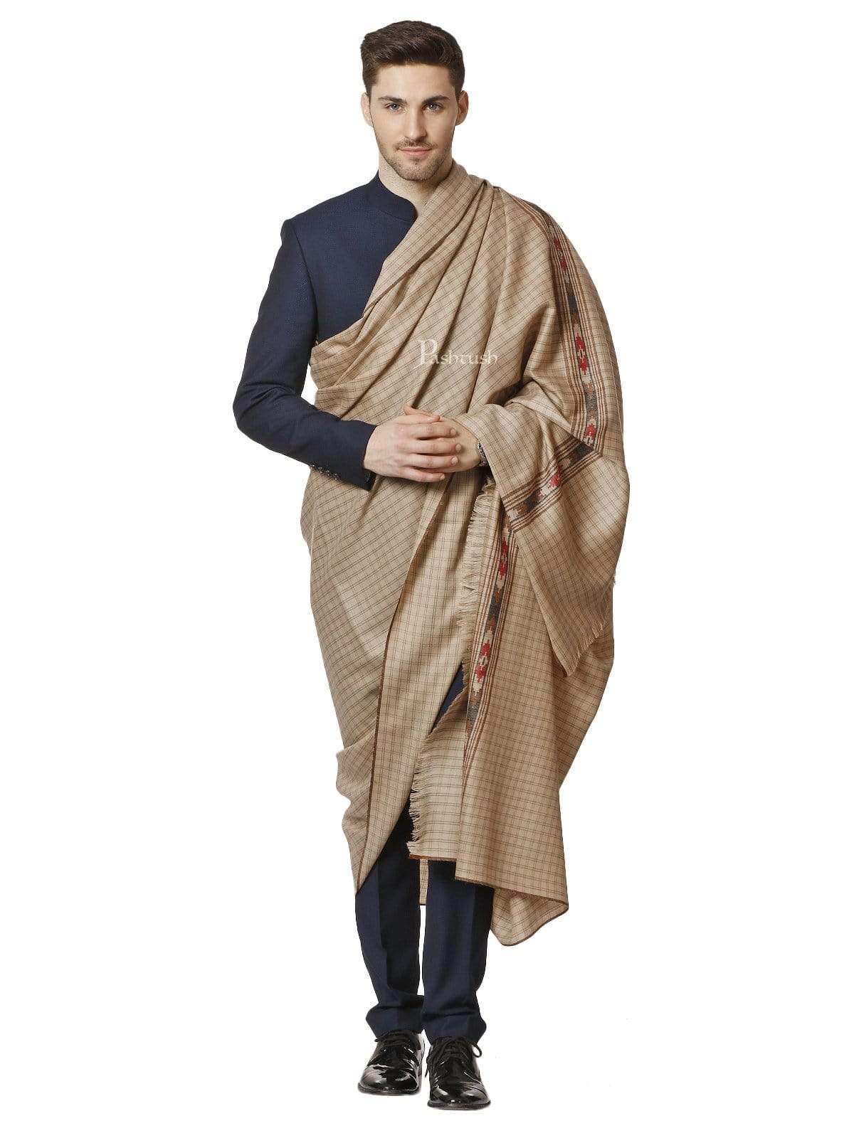 Pashtush Mens Aztec Weave Shawl With Checkered Weave, Beige - Image 4